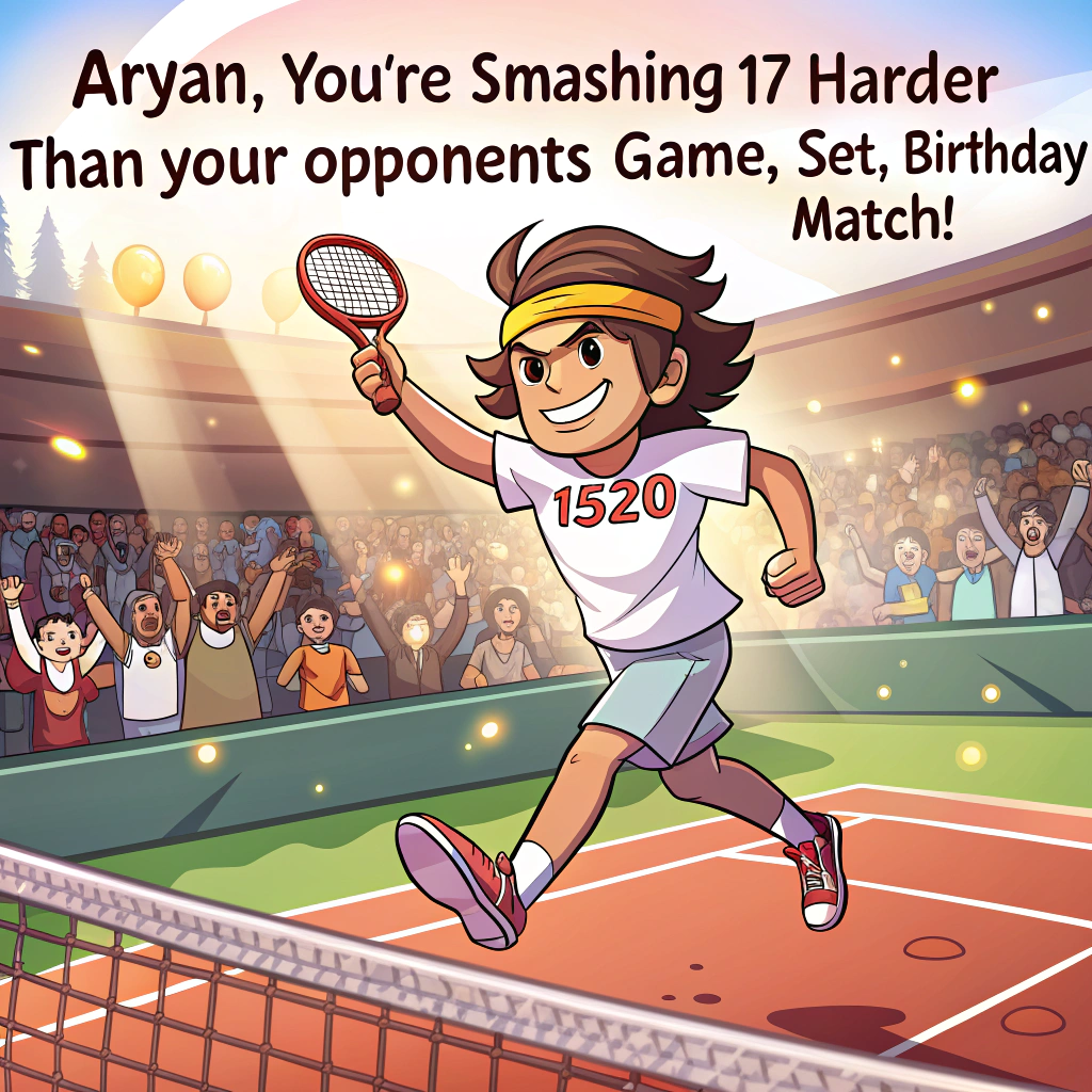 At the top of the image, "Aryan, you're smashing 17 harder than your opponents – Game, Set, Birthday Match!"

– Center the scene on a bright tennis court with Aryan mid-serve, his t-shirt boldly featuring the “1520” logo, a confident grin on his face and sweatband flying dramatically as he leaps.

– The audience bleachers are jam-packed and wildly animated:  
&nbsp;&nbsp;&nbsp;• One energetic fan is waving a large banner that shouts, "Go Aryan!!" with sparkles and birthday balloons on the sides.  
&nbsp;&nbsp;&nbsp;• A nearby row of students cheer under their own handmade banner that says, "Go Travis!" looking determined but slightly overwhelmed by Aryan’s roaring fan base.  
&nbsp;&nbsp;&nbsp;• The rest of the crowd is filled with colorful, joyful faces cheering, throwing popcorn in the air, and one granny holding a foam finger shaped like a tennis racquet that says “#1 Bday Ace!”  

– Above it all, a cheeky little seagull with sunglasses floats with a banner that reads, "Still undefeated in birthday style."  

– Overall tone: light-hearted, quirky, cartoon-style with pops of birthday color and cheeky little background details for visual humor (e.g., a line judge asleep with a party hat on).
Generated with these themes: 17 year old boy wearing tshirt with "1520" logo playing Tennis , Member of Audience is holding up a banner "Go Aryan!!", A small group of students in the audience with banner "Go Travis!", and Very large audience watching the game with excitement and cheering Aryan.
Made with ❤️ by AI.