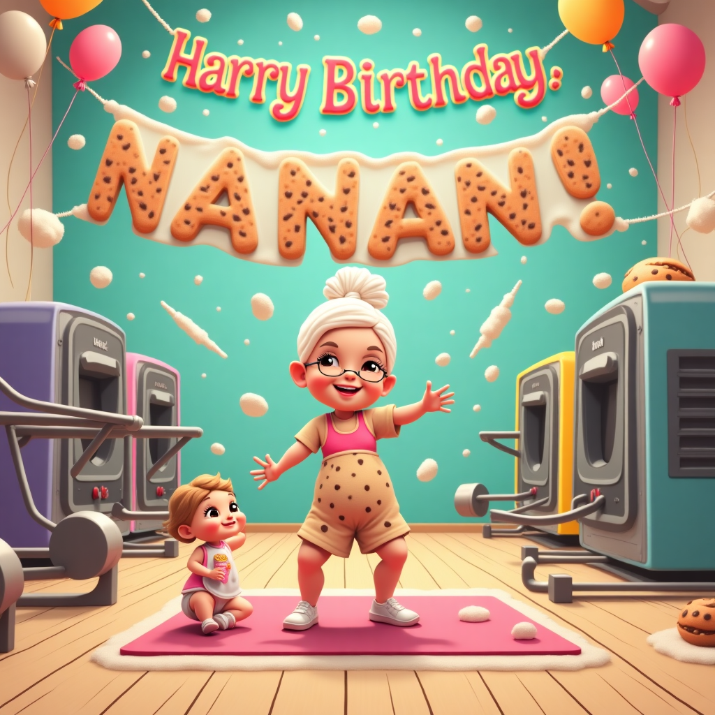 In the vibrant world of our birthday card, imagine a gymnasium with a twist—a fusion of a bustling fitness center and a whimsical bakery. On one side, the gym floor is dotted with brightly colored exercise equipment, including pastel pink dumbbells and a treadmill topped with a towering cupcake. Standing at the center, we have a sprightly Grandma, donned in a leotard patterned with cookie designs, her hair tied up in a neat bun like a dollop of whipped cream. She’s striking an impressive pose on a yoga mat that resembles a giant chocolate chip cookie. Next to her, an adorable baby girl is crawling joyfully, wearing a bib decorated with tiny rolling pins and chef hats. 

In the backdrop, ovens and mixers are seamlessly integrated into the gym walls, with the aroma of freshly baked goods swirling through the air. Above this lively scene, a giant birthday banner is unfurled across the ceiling. Each letter of the word "Nanan" is made from giant icing-draped letters, spelling out a cheery "Happy Birthday, Nanan!" and surrounded by balloons shaped like doughnuts and kettlebells. Meanwhile, clouds of flour puff artistically in the air, caught mid-drift, contributing to the atmosphere of energetic chaos and celebration. This dynamic mix of fitness and baking encapsulates the hilarious intersection of Grandma and Baby girl's worlds in a uniquely memorable birthday wish for Nanan.
Generated with these themes: Grandma, Baby girl, Gym, and Baking.
Made with ❤️ by AI.