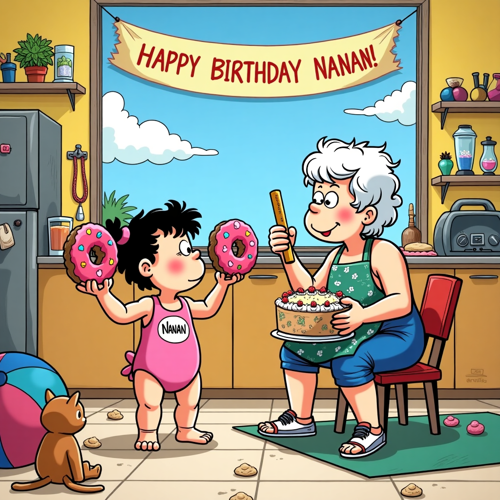 The front cover of the birthday greeting card bursts into life with a whimsical cartoon scene, inspired by the nostalgic charm of Charles Schulz and the playful wit of Bill Watterson. In the foreground, a spunky baby girl, clad in a pink onesie adorned with miniature cupcakes, is lifting a tiny barbell made of two colorful frosted donuts. Her expression is one of comical determination, as she glances toward her partner in crime—her lively Grandma. Grandma, sporting a floral apron over her gym attire, is simultaneously mixing batter in a bowl with one hand while doing a bicep curl with a rolling pin in the other, effortlessly multitasking like a pro. They are stationed in an open kitchen that seamlessly transitions into a vibrant gym, complete with dumbbells, yoga mats, and kettlebells.

Behind them, a large window showcases a bright blue sky, where fluffy clouds spell out "Happy Birthday Nanan!" as if written by an invisible airplane. The kitchen counter, cluttered with baking ingredients, includes a half-finished birthday cake, its top bearing the word "Nanan" in icing, complete with colorful sprinkles. An array of gym equipment scattered around gives the scene a touch of organized chaos; a skipping rope dangles from a kitchen stool, while a smoothie blender whirs away on the counter.

To the left, a mischievous cat in a leotard is curiously peering into the oven, its tail flicking with intrigue, adding a hint of humor to the scene reminiscent of Gary Larson’s style. In the background, a cheerful banner hangs across the room, intricately decorated with doodles of baking and gym motifs, further celebrating "Nanan's" birthday. Every corner of the card is filled with quirky details, from the polka-dotted gym ball doubling as a seat for a plush teddy bear wearing a sweatband to the cookie dough footprints that mysteriously trail toward the gym mat, weaving a delightful tale of a joyous, multi-generational celebration.
Generated with these themes: Grandma, Baby girl, Gym, and Baking.
Made with ❤️ by AI.