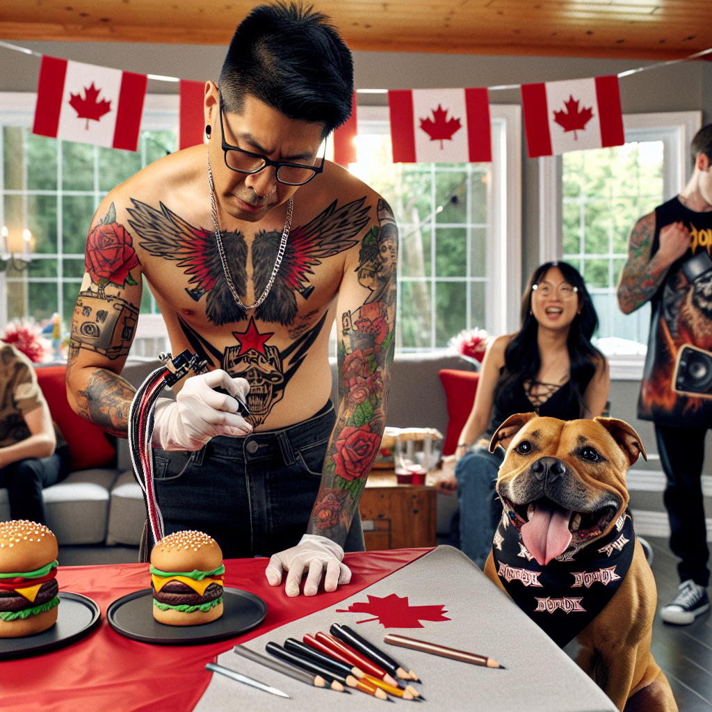 Experience a vivid depiction of an energetic birthday party with a heavy metal theme unfolding in a Canadian setting. A South Asian male tattoo artist in his 30s is offering vibrant temporary tattoos representing Canadian symbols, burgers, and Staffordshire bull terrier silhouettes. Custom-made burger-shaped cookies and stylized edible pencils are distributed as party favors to add creativity and a playful tribute to the birthday person's profession as a school teacher. The family's pet, a Staffordshire bull terrier, is seen mingling with the party-goers, wearing a bandana decorated with heavy metal band logos. The venue is subtly adorned with decorations manifesting Canadian pride in hues of red and white.
Generated with these themes: Heavy metal, Tatoos, Canada, Burger, Staffordshire bull terrier, and School teacher.
Made with ❤️ by AI.