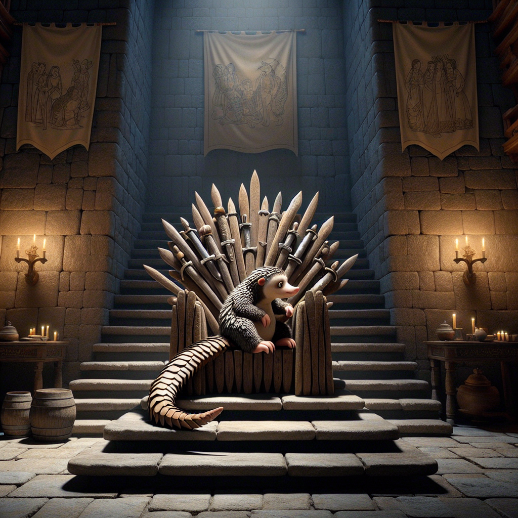 A cartoon pangolin is seated upstairs on a unique throne made up of intertwined wooden swords, reminiscent of medieval fantasy tales. The setting is a solemn birthday party, and the room is drenched in a dim, mysterious light, casting impactful shadows on the stone floors, carrying an air of ancient nobility. Despite the celebration, the ambiance is solemn, displaying a quiet dignity, as though the pangolin is meditating on the responsibilities of ruling. On the room's sidelines, vague tapestries are seen portraying scenes of joyfulness, displaying hints of medieval-style story inspirations.
Generated with these themes: Pangolin, and Game of thrones.
Made with ❤️ by AI.