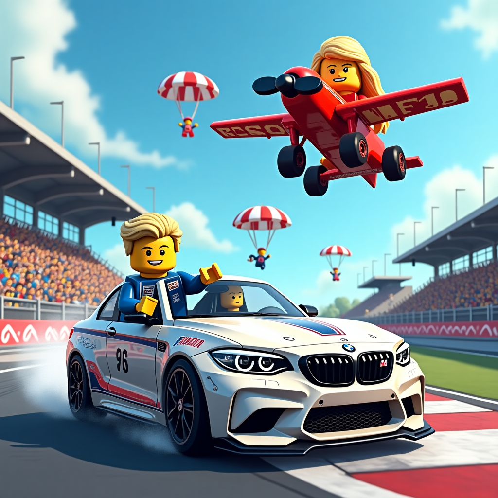 In the bustling energy of a racing track, imagine a vibrant and dynamic scene that combines a playful nod to classic comic styles with the energetic thrill of a racing competition. Picture a blond Lego boy with a mischievous grin, wearing a blue racing suit that proudly displays a variety of colorful sponsor logos, reminiscent of NASCAR jackets. He is confidently leaning out of the window of a sleek, white BMW M2, meticulously detailed to reflect its real-world counterpart with distinctive kidney grilles and sporty curves. The car is poised on the racetrack, tires slightly screeched from a recent exhilarating drift, leaving behind light smoke trails that dance like ethereal ribbons against the sky.

Above this scene, in a delightful juxtaposition, a Lego girl with flowing long blond hair is depicted mid-jump, having just leapt out of a tiny Lego airplane that's playfully depicted with exaggerated proportions, like something straight out of a children's adventure comic strip. She is clad in a bright red parachute suit, which flutters around her like a superhero cape, and her expression is one of gleeful exhilaration. Her parachute is humorously themed with a checkered flag design, a nod to the race below, and it's fully deployed, gently guiding her descent towards the racetrack.

The racetrack itself is bustling with activity, peppered with whimsical details like miniature Lego pit crew members who are frozen in exaggerated action poses, some holding tiny toolkits and others waving flags. To the side, a small cheering crowd of Lego figures, each uniquely accessorized with caps and miniature cameras, captures the moment. There's even a tiny Lego announcer, complete with a retro-style megaphone, enthusiastically gesturing from a high vantage point.

In the distance, the grandstands are a colorful tapestry of cheering minifigures, each uniquely detailed with different expressions and outfits, creating a lively mosaic of support. Above it all, the sky is a bright, comic book blue, punctuated by a few fluffy clouds that add a dreamlike touch to the scene, and a banner overhead reads, in bold, jubilant letters, “Congratulations!” The scene is a joyous celebration of achievement, energy, and the delightful whimsy of Lego imagination.
Generated with these themes: Blond lego racing boy and white bmw m2 at racing tarck , and Lego girl with long blond hair jumps parachute at racing track .
Made with ❤️ by AI.