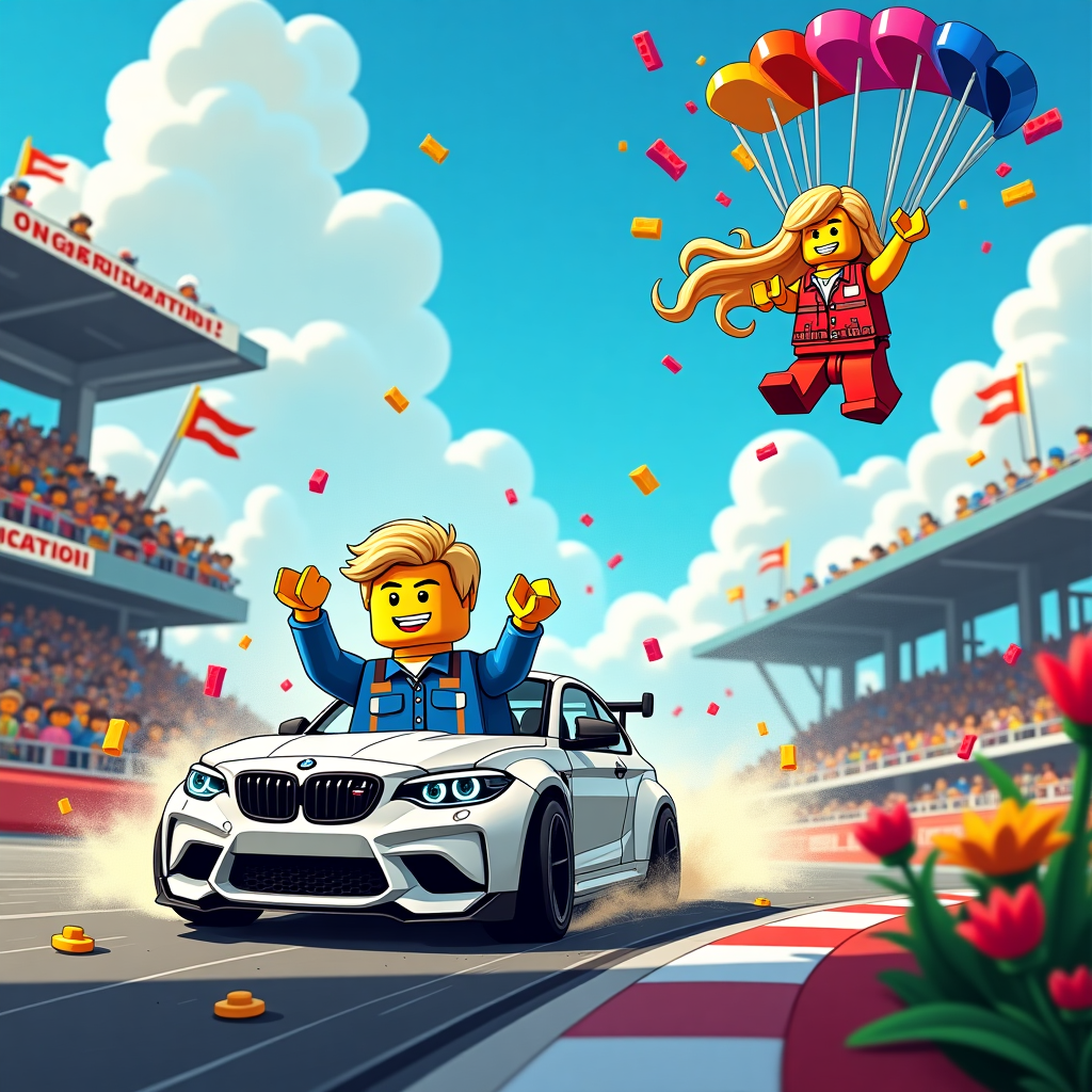 In a vibrant and dynamic cartoon scene bursting with excitement, imagine a lively racing track that spirals into the distance, with the blue sky punctuated by fluffy white clouds overhead. On the track, a jubilant blond Lego boy is captured mid-victory lap, driving a sleek white BMW M2, its glossy finish reflecting the sunlight. The car’s tires send up a spray of dust and gravel as it speeds around a tight corner, leaving behind a trail of shimmering confetti that swirls in the air. 

Perched prominently on the stands is a cheering crowd of colorful Lego figures, their blocky hands raised in celebration. Banners flutter in the wind, each emblazoned with "Congratulations!" in bold, cheerful letters, echoing the thrill of the achievement being celebrated.

High above the track, a daring Lego girl with long blond hair is gracefully descending from the sky, her parachute billowing open in a burst of vibrant colors reminiscent of a rainbow. Her expression is one of sheer delight, and her arms are stretched wide as if to embrace the excitement below. The parachute strings form an intricate web that stands out against the blue sky, while the parachute itself casts a playful shadow on the racetrack.

In the foreground, a cluster of Lego flowers adds a touch of whimsy to the scene, their petals a mix of red, yellow, and pink, contributing to the festive atmosphere. Scattered throughout the scene are various racing memorabilia—flags, tiny helmets, and trophy cups—placed carefully to enhance the storytelling.

This action-packed scene combines the thrill of racing with the adventure of skydiving, seamlessly integrating the themes into a lively and captivating narrative that leaps off the front cover of the greetings card, ready to congratulate and inspire.
Generated with these themes: Blond lego racing boy and white bmw m2 at racing tarck , and Lego girl with long blond hair jumps parachute at racing track .
Made with ❤️ by AI.