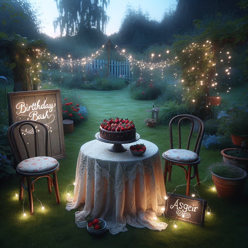 A charming realistic garden scene at dusk features a small setup for a birthday celebration. The garden is adorned with twinkling fairy lights, casting a magical twilight ambience. In the center of the scene, a small table draped in a lace tablecloth holds a homemade chocolate cake decorated with fresh strawberries and the name 'Asgeir' piped on it in flawless cursive. Surrounding the table are rustic wooden chairs, each furnished with a delicate cushion for comfort. A short distance away on the grass, a vintage wooden signboard stands, with 'Birthday Bash' written on it in a whimsical font, completing this delightful, festive scene.
Generated with these themes: Asgeir .
Made with ❤️ by AI.