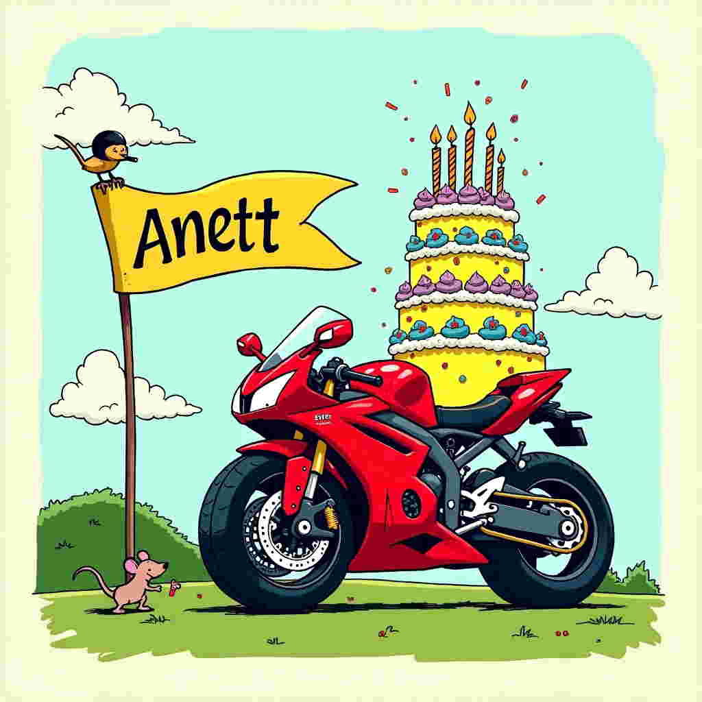 At the center of the card, place a whimsically exaggerated red Yamaha R6 motorbike with cartoonishly oversized wheels. The motorbike should be in vibrant red with gleaming chrome accents, parked slightly angled to show off its sleek, exaggerated curves and details. The bike should have playful, enlarged headlights and a humorous, oversized exhaust pipe.

On the seat of the motorbike, balance a gigantic, multi-tiered birthday cake. The cake should be decorated with colorful frosting swirls in bright blues, yellows, and greens, with a cascade of oversized, comically dripping, pastel-colored candles on top, each candle twisted in a cartoonish, wobbly manner. The cake’s surface should have confetti sprinkles in bold, vibrant colors scattered throughout.

To the left, a cartoon-style banner unfurls across the sky, its edges flapping as if caught in a gentle breeze. The banner is a bright yellow with bold, playful letters in a contrasting color spelling out "Anett."

For the background, create a simple, stylized landscape reminiscent of Charles Schulz's Peanuts, with a rolling green hill and a clear, soft blue sky. Add a few fluffy white clouds, each drawn with exaggerated, rounded shapes to enhance the whimsical feel.

In the foreground, sprinkle a few small, humorous details, such as a tiny cartoon mouse peeking out from behind the motorbike's tire, wearing a tiny helmet with a cheeky expression, and a friendly bird perched on the banner, inspecting the scene with exaggerated curiosity.

These elements combined will create a dynamic, colorful, and playful birthday scene with a nod to the classic comic art styles of Schulz, Disney, and Watterson.
Generated with these themes: red yamaha r6 motorbike birthday cake.
Made with ❤️ by AI.