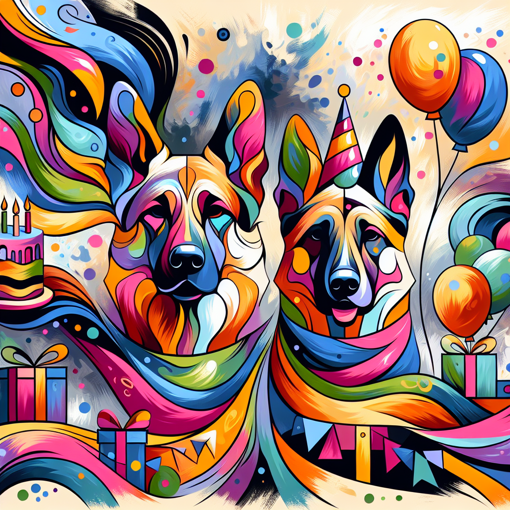Create an abstract birthday motif featuring bold and vibrant color splashes and irregular shapes. In the middle of the painting, illustrate stylized male German Shepherds with a touch of abstraction. Their festive demeanor should be enhanced by their colorful scarves decorated with playful birthday icons. The backdrop should blend amorphous forms with celebratory symbols like birthday cakes and gifts, suggesting the joy and surprise of a birthday celebration.
Generated with these themes: Male germanshepards.
Made with ❤️ by AI.