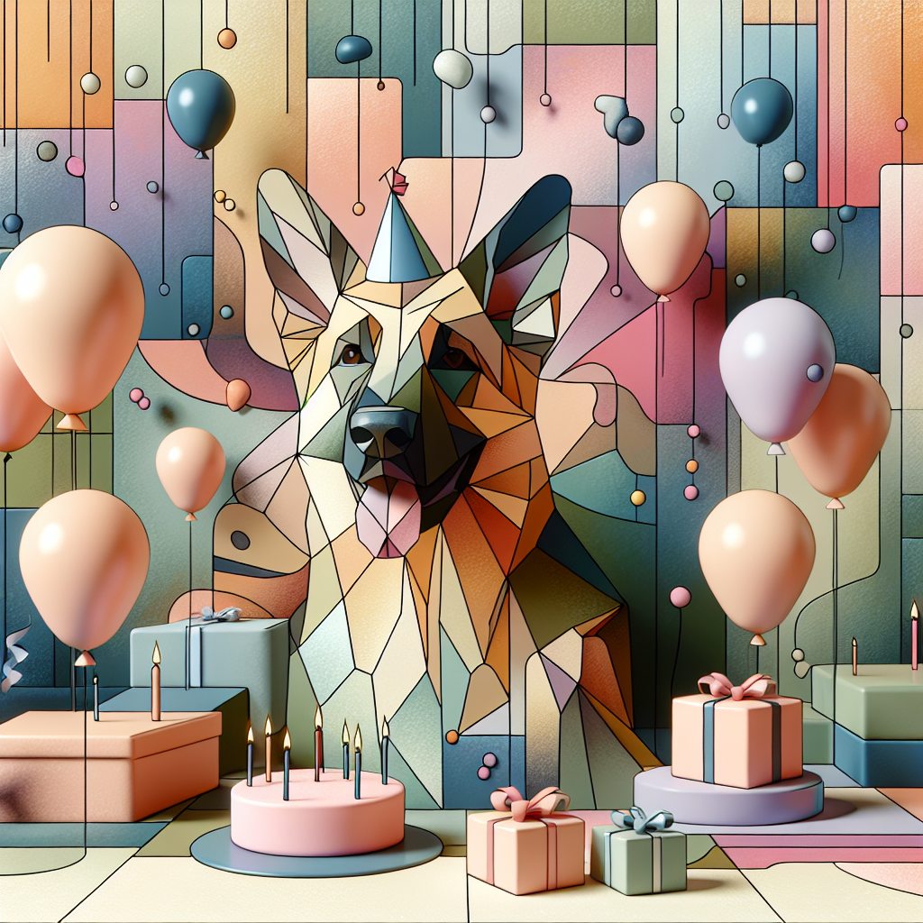 Visualize a heartwarming birthday scene brimming with abstract elements portrayed with gentle pastels, making a surreal backdrop. In the foreground, playful male German Shepherds are depicted. Their depiction leans towards minimalism, yet retaining their recognizability. Each dog wears a tiny party hat, and their joyous expressions symbolize the affectionate spirit of the occasion. Surrounding this scene are balloons of various whimsical shapes, floating amidst an array of geometric patterns that suggest the cheer and jubilation synonymous with a birthday celebration.
Generated with these themes: Male germanshepards.
Made with ❤️ by AI.