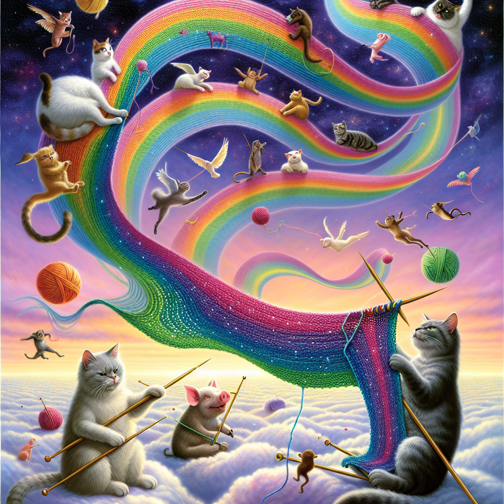 A whimsical scene unfolds in honor of Mother's Day where cats of various breeds, equipped with oversized knitting needles, are playfully constructing a vast multicolored scarf. This scarf, stretching across a surreal landscape, is woven from rainbow strands and shimmers with glitter. It artistically intertwines around friendly pigs and monkeys who are gently floating across the sky. Each pig, resembling an airborne cloud moved by an unseen force, majestically contributes a knitted piece to this growing celestial tapestry, creating a magical sight for onlookers.
Generated with these themes: Cats, Knitting, Pigs, Monkeys, Rainbows, and Glitter.
Made with ❤️ by AI.