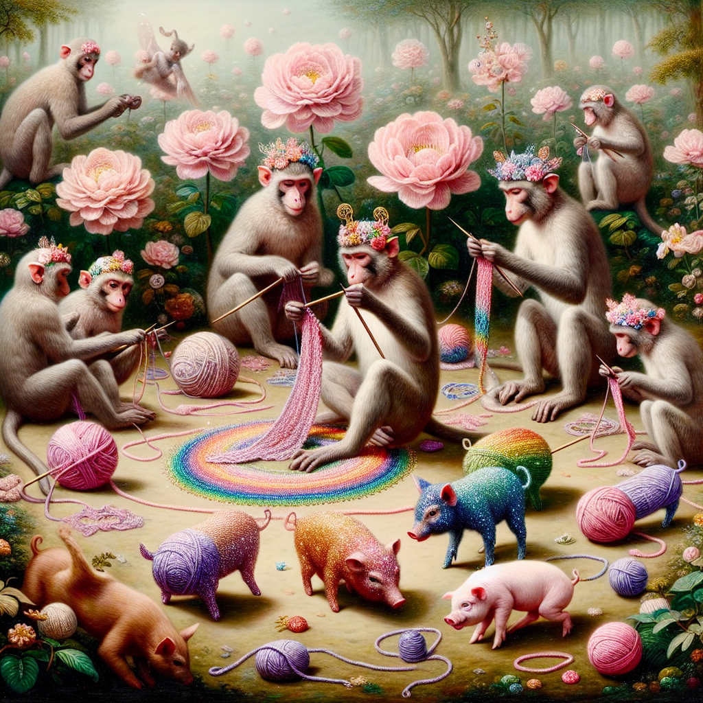 In a surreal, dreamlike garden, a group of monkeys, adept at the art of knitting, are meticulously crafting a bed of shimmering, glitter-infused flowers made entirely out of yarn. Their petite fingers deftly move in a dance of loops and twists, under the observant eyes of calm, pastel-colored felines lazily lounging around. In addition to this, pigs, decorated with rainbow-colored trotters, joyfully wander, leaving a path of twinkling arches behind as they weave in and out of the tapestry-like flower bed. This unusual yet charming assembly is their special way of celebrating Mother's Day.
Generated with these themes: Cats, Knitting, Pigs, Monkeys, Rainbows, and Glitter.
Made with ❤️ by AI.