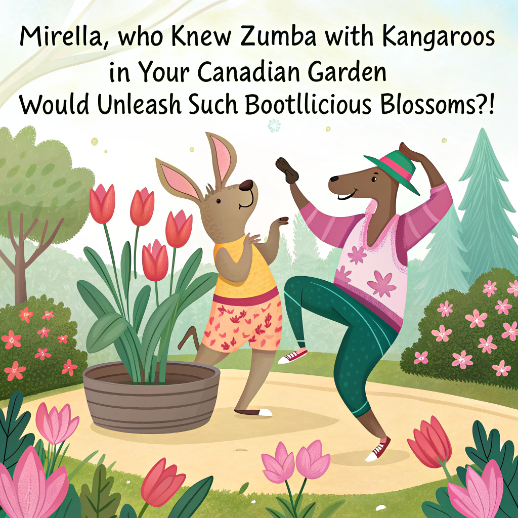 At the top of the image, "Mirella, who knew Zumba with kangaroos in your Canadian garden would unleash such bootylicious blossoms?!"

- In the center of the cartoon image, illustrate a vibrant garden scene where a moose in yoga pants and a kangaroo in leg warmers are energetically doing Zumba among oversized, dancing tulips and eucalyptus plants. Mirella, wearing a headband and holding a water bottle, leads the class from atop an upturned flowerpot podium with great enthusiasm and wild moves.

- One squirrel is DJing from a tiny leaf turntable while a cockatoo fans Mirella dramatically with a giant maple leaf.

- A tiny signpost pokes out of the flowerbed reading “Aussie-Eh! Garden Studio – Sweat & Petals!”

- The whole image should have an exaggerated, whimsical cartoon style with plenty of bright colors, movement lines, and goofy grins.
Generated with these themes: Garden, Zumba, Australia, and Canada.
Made with ❤️ by AI.