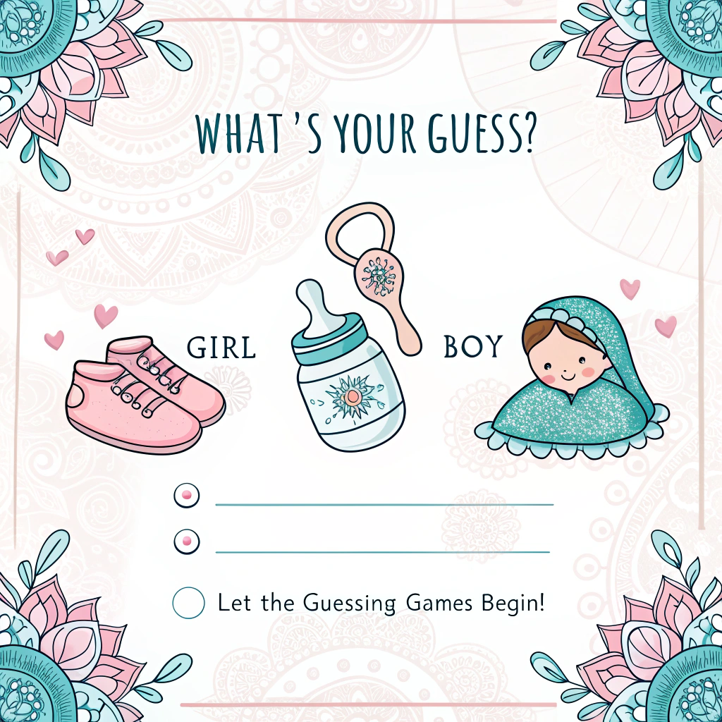 At the top of the image, "What’s Your Guess?"

- Add at the bottom of the image, "Let the guessing games begin!"

- In the center, depict a playful cartoon scene with soft baby-themed illustrations, like a pastel pink and blue rattle, bottle, and booties, surrounded by Indian-inspired floral borders or mandala designs. Include two checkboxes labeled ‘Girl’ and ‘Boy’ with space for the guest's name and a blessing or message. The overall design should feel festive, traditional, yet minimal.
Generated with these themes: Create a baby shower gender guessing card in pastel pink and blue colors, with Indian-inspired floral borders or mandala design. Title: ‘What’s Your Guess?’ Include two checkboxes: ‘Girl’ and ‘Boy’. Add space for the guest's name and a blessing or message. Keep the design festive and traditional but minimal. Do not include any gender reveal announcement. Add soft baby-themed illustrations (like rattles, bottles, booties).”, and .
Made with ❤️ by AI.
