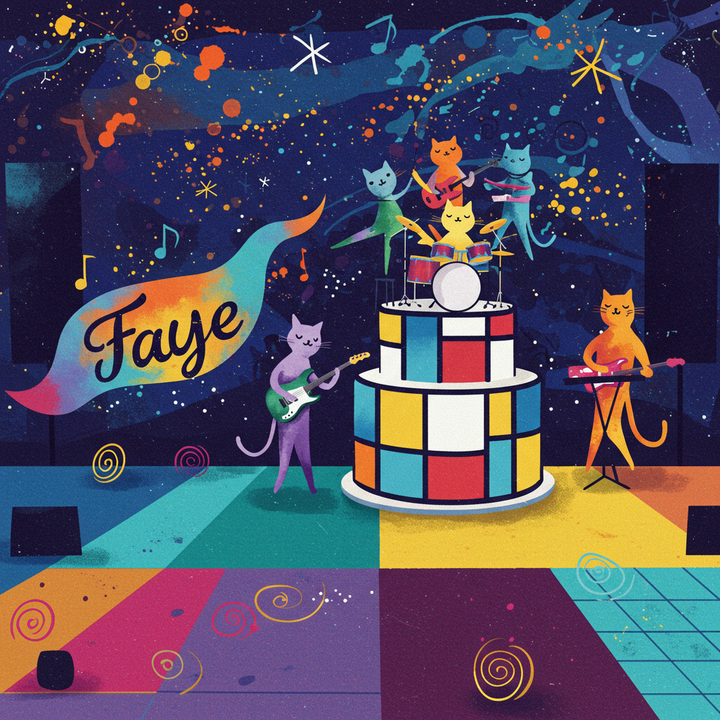 The scene is a vibrant, surreal birthday festival, a kaleidoscope of shapes, colors, and forms. The backdrop is an abstract night sky, a deep indigo with splashes of vibrant orange and cerulean blue, reminiscent of a Pollock-esque splatter across the top half of the card. Swirling constellations of tiny, shimmering white and gold stars dot the sky, twisting into serpentine forms akin to Kandinsky’s floating, whimsical compositions.

In the foreground, a Mondrian-inspired cake stands tall. It is an abstract, geometric marvel of rectangles and squares, each section a different hue: bold reds, electric blues, sunny yellows, and stark whites. Perched atop this cake is a rock band of abstract cats—stylized forms composed of fluid, elongated shapes with de Kooning-like strokes. Each feline musician plays a colorful instrument: a green saxophone, a violet electric guitar, a pink drum set, and a fiery orange keyboard.

The ground beneath the cake and band is a Rothko-inspired patchwork of large color blocks—deep plum, radiant turquoise, and a muted mustard yellow—suggesting a festival stage. Scattered throughout are abstract festival elements: Twombly-esque spirals in vivid crimson and cobalt, and Martin-like grids subtly etched into the color blocks, indicating the stage’s texture.

To the left, a fluid, Miró-inspired banner arcs across the scene, its form a playful curve of overlapping colors. The word "Faye" is scrawled in the center of this banner in a flowing, script-like style, blending dark plum with hints of metallic gold, as if floating and shimmering under an imaginary festival spotlight.

Each element on the card is both independent and interconnected, creating a dynamic, visually engaging birthday celebration of shapes, colors, and fantastical feline rock.
Generated with these themes: Festival, Rock band, and Cats.
Made with ❤️ by AI.