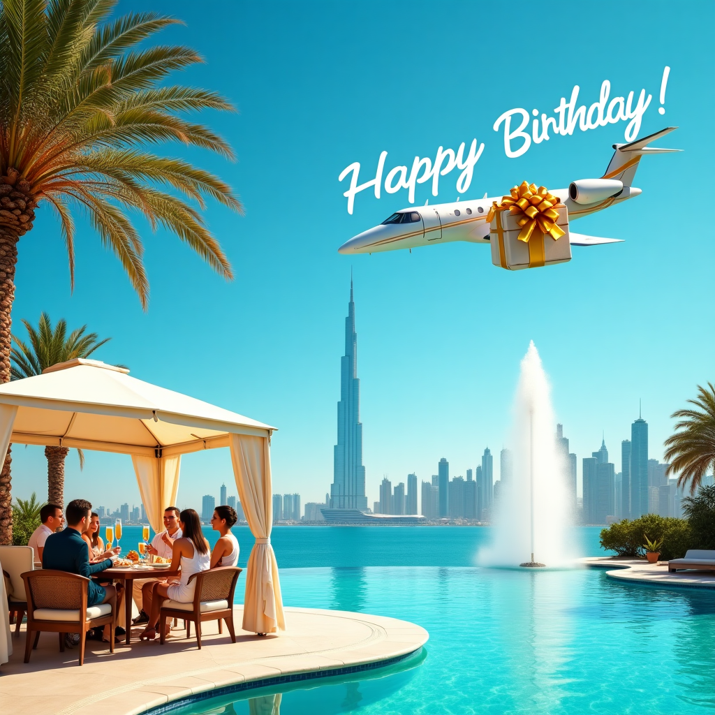 In the foreground of the birthday card, an opulent poolside at a luxury Dubai hotel unfurls, vibrant and bustling with life. On the left, a majestic palm tree bends slightly over the scene, its green fronds shimmering in the sun. A group of jubilant guests, clad in elegant resort wear, gathers around a lavish cabana. They’re toasting with tall flutes of champagne, the bubbles catching the light like miniature suns. To the right, a small fountain gurgles, spraying a delicate arc of water into a crystalline pool. Rising dramatically from the background, the iconic silhouette of the Burj Khalifa dominates the skyline, piercing through the vibrant blue sky. Above, a whimsical twist to the scene: a small private jet playfully skywriting “Happy Birthday!” in puffy white letters. The jet itself is adorned with an extravagant golden ribbon, resembling a giant gift in the sky. At the base of the card, the edge of the pool shimmers, capturing the reflection of a bright sunlit sky and the hint of the airplane’s path, completing this luxurious birthday scene set amidst the stunning backdrop of Dubai.
Generated with these themes: Dubai, Champagne, and Plane.
Made with ❤️ by AI.