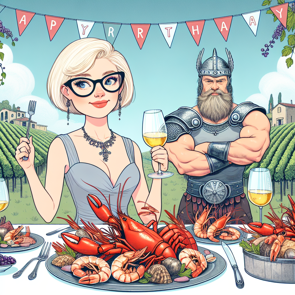  A short boss lady around 50 with a roundish face, with a blond bob with glasses, Eating shrimps and crabs, In an italian vinyard, With viking hunk by her side, Birthday Card