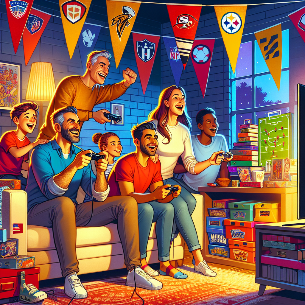 Create a vibrant birthday-themed illustration showcasing a multicultural family gathering in a cozy living room around a gaming console. They exhibit excitement and anticipation as they indulge in an interactive football video game. Sports team flags, not referencing any specific team, embellish the surrounding walls, casting an atmosphere of exhilarating sportsmanship. In the background, a shelf teems with an array of vibrant, non-specific board games, suggesting an evening filled with delightful competition. This scene, brimming with warmth and camaraderie, encapsulates the essence of celebratory vibes.
Generated with these themes: Xbox, Nfl, Football, Family, and Board games.
Made with ❤️ by AI.