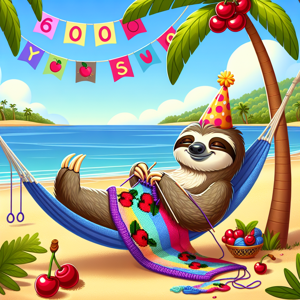 Create an image depicting a tranquil beach environment. In the foreground, we see a cartoonish sloth character, designed with a playful slow-motion demeanour, sporting a colourful party hat. The sloth is comfortably laying in a hammock tied between two lush palm trees, it's focusing on knitting a blanket graced with a cherry pattern. Adding to this fun atmosphere, there's a 60th birthday celebration going on as evidenced by a vibrant banner floating above, stating '60 Years Young'. For extra charm, there are cherry shape decorations scattered along the sandy beach, contributing to the amusing theme.
Generated with these themes: Sloth, Knitting, Beach, Cherries, and 60th Birthday.
Made with ❤️ by AI.
