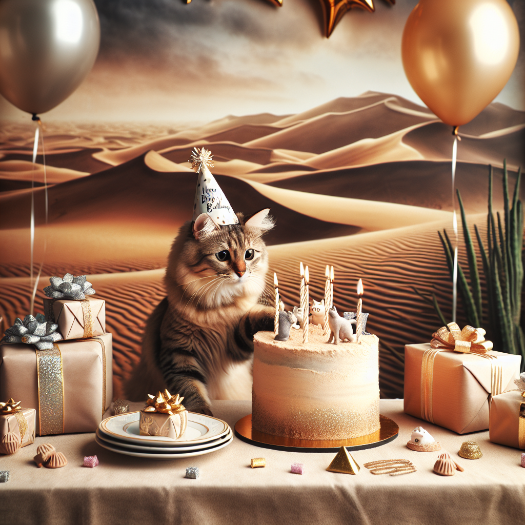 Picture a quaint scene at a cheerful birthday gathering set against a backdrop that mimics the ethereal desert-like environment reminiscent of dune landscapes in classic cinema. A charming tabby cat, outfitted with a small festive party hat, is gently pawing at the wrappers of meticulously detailed presents. The centerpiece of this birthday celebration is a subtly decorated cake, topped with small, glistening decorations that offer a gentle nod to the desert-like setting, drawing on the tones and textures of warm sand and robust earth. Completing this image, the table décor and balloons echo these same warm tones, unifying the look and feel of the entire setting.
Generated with these themes: Tabby cat dune film.
Made with ❤️ by AI.