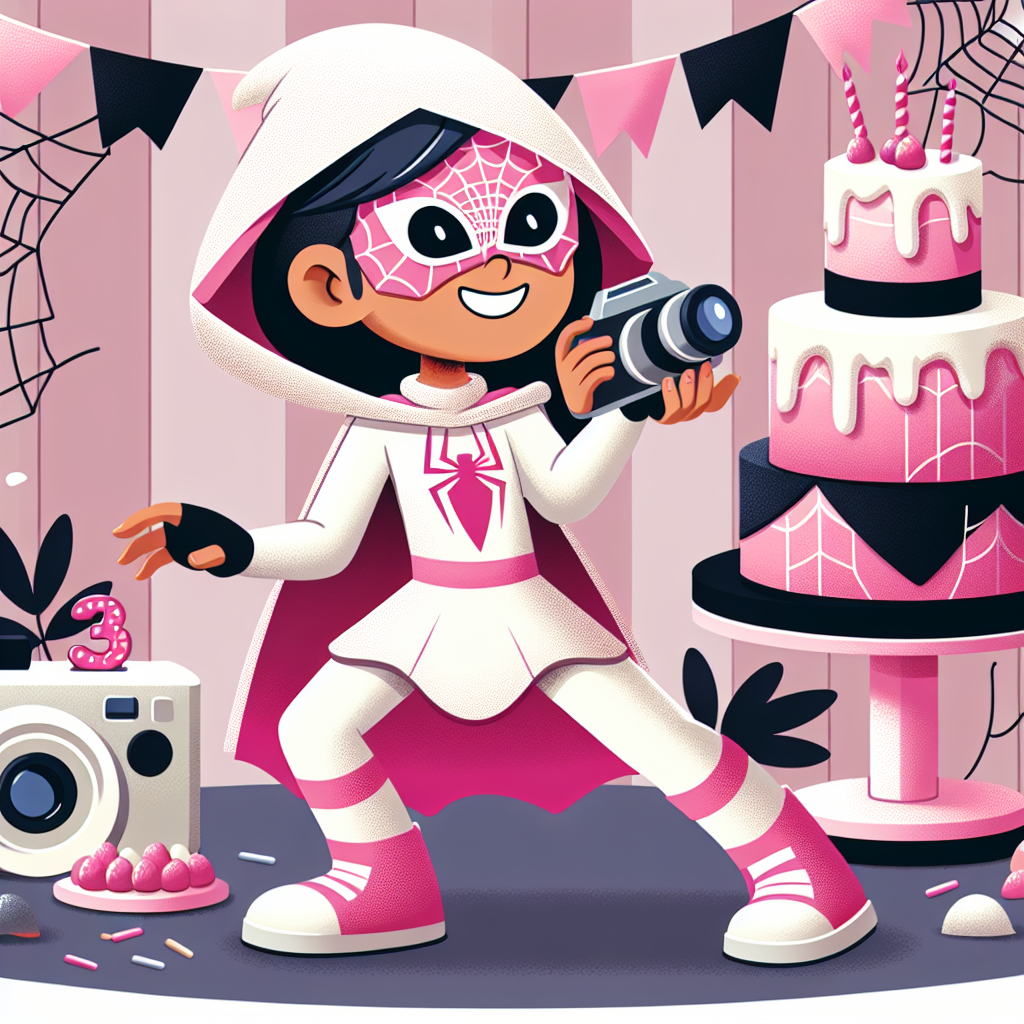 Drawing of a vibrant birthday party scene where Spider Gwen is seen snapping photos with a camera, surrounded by Spider-Man themed decorations and a cake.
Generated with these interests: A spider gwen, photography, Camera, and Spiderman.
Made with ❤️ by AI.