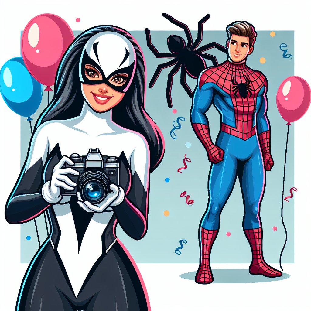 Vector image of Spider Gwen in her iconic costume, holding a camera that captures Spider-Man amidst birthday balloons and confetti.
Generated with these interests: A spider gwen, photography, Camera, and Spiderman.
Made with ❤️ by AI.