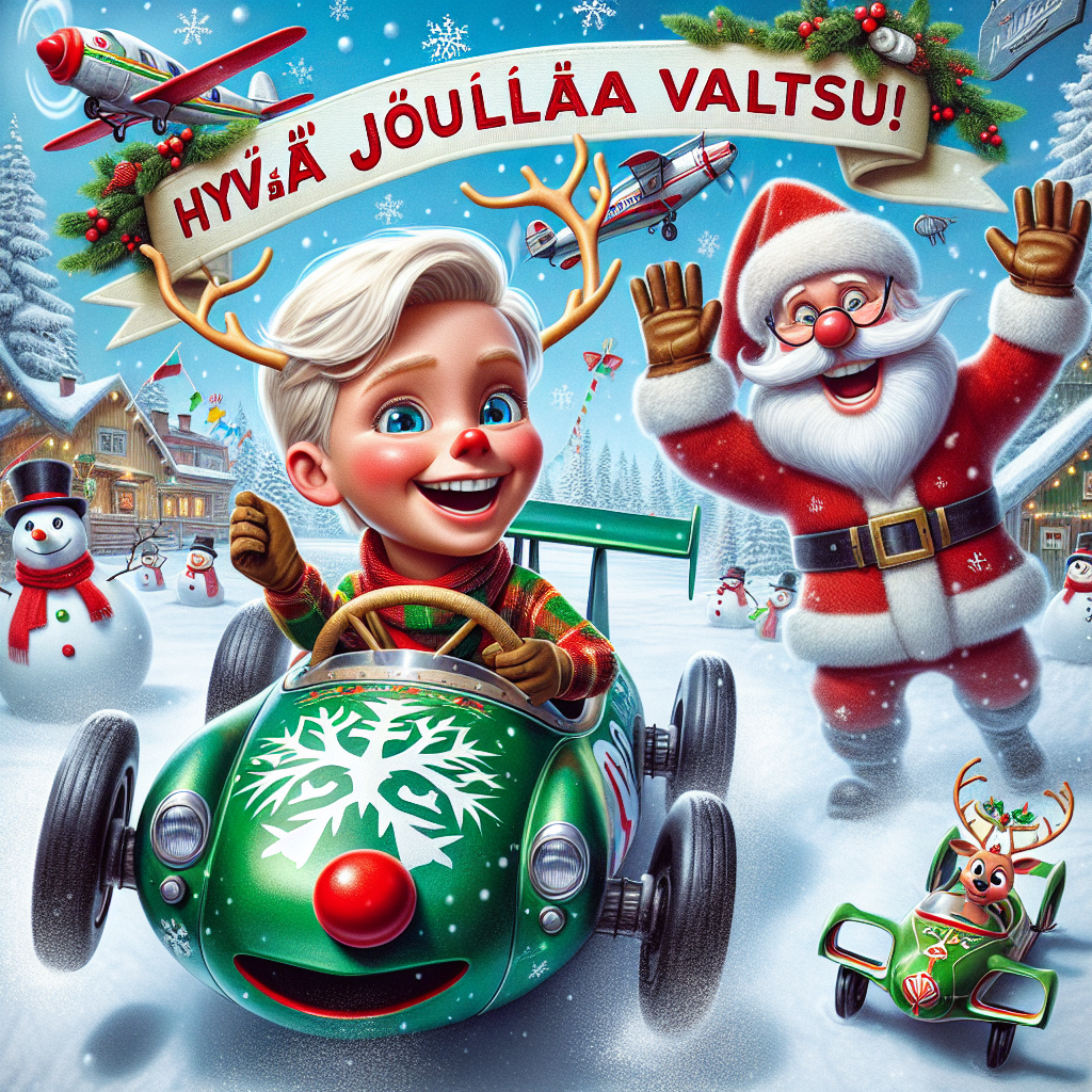 In this endearing Christmas scene, a blonde boy grins excitedly as he drives a green racing car with a red nose and antlers, reminiscent of Rudolph. Santa, his co-pilot, waves merrily with a gloved hand. The phrase 'hyvää joulua Valtsu!' appears as a lighthearted banner towed by a distant toy airplane, against a backdrop of falling snow and cheerful snowmen spectators.
Generated with these themes: Blonde boy driving Racing car with santa .
Made with ❤️ by AI.