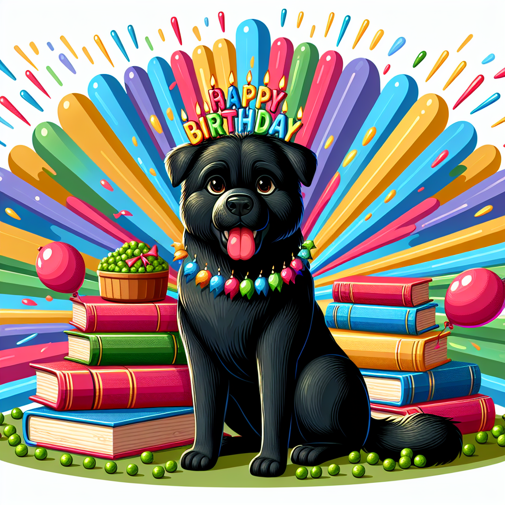 Create a charming, festive birthday vector illustration. In the middle, place a large and friendly black dog surrounded by a radiant, colorful burst of sunshine rays. The playful canine is seated next to a stack of vibrant books, where each spine is decorated with festive birthday motifs. Scatter many small green peas around the scene for an additional whimsical touch. The scene is a jubilant celebration of knowledge, indicative of a unique birthday theme.
Generated with these themes: Big black dog, books, peas, sunshine.
Made with ❤️ by AI.