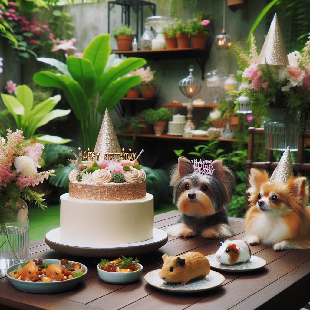 Create a charming, lifelike scene of a birthday celebration. There are a golden Chihuahua and a black Yorkshire terrier, both adorned with sparkling birthday hats, waiting in anticipation. The party is set in a garden full of vibrant green plants, showcasing a fondness for horticulture. In the midst of the greenery, two merry guinea pigs are exploring around. A table is finely set with a variety of appetizing foods, with a special focus on treats suitable for pets. To enhance the festive mood, there is a beautifully decorated cake that embodies the essence of celebration.
Generated with these themes: Golden Chiuahaha , Black Yorkshire terrier, Gardening, Guinea pigs, and Food.
Made with ❤️ by AI.