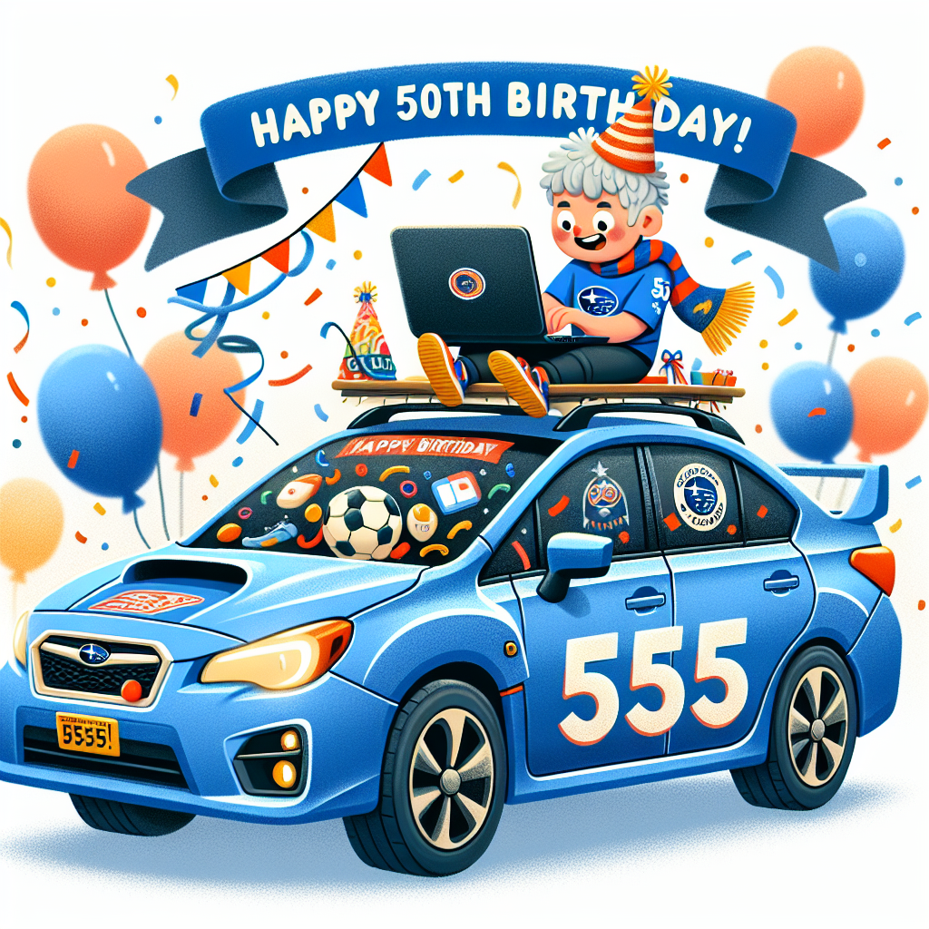 Create a whimsical 50th birthday illustration of a cheerful blue Subaru adorned with the number 555 on its side. The car is parked in front of a festive backdrop of balloons and confetti. Sitting atop the car roof is an ecstatic football fan of an unspecified team, wearing a team scarf and a party hat. The fan, who has a gender-neutral appearance and could be of any descent, is happily typing away on a laptop. The laptop's screen displays 'Happy 50th Birthday!' in bold letters, surrounded by digital streamers and emotive emojis, symbolising the celebratory mood.
Generated with these themes: 50th birthday Blue subaru 555 Chelsea football Computer.
Made with ❤️ by AI.