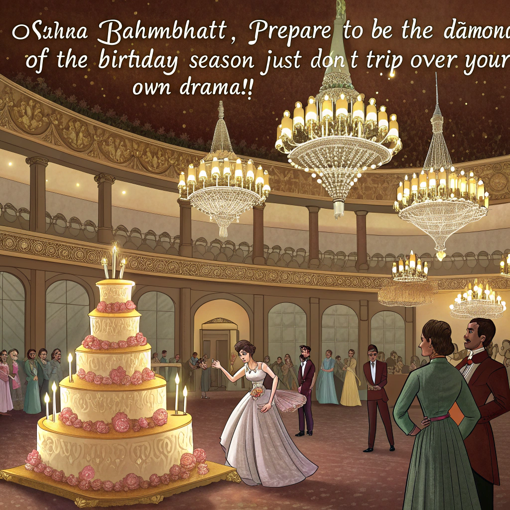 At the top of the image, "Ashna Brahmbhatt, prepare to be the Diamond of the Birthday Season (just don’t trip over your own drama!)"

- The image should depict a grand, over-the-top Regency-era ball scene inside an ornate gilded ballroom — chandeliers gleaming, people waltzing in flowing gowns and waistcoats — except Ashna is front and center, dressed in full Bridgerton regalia... blowing out candles on an absurdly giant three-tiered cake held by a confused but dashing Duke-type gentleman.  

- Behind her, a violin quartet plays dramatically, one of the violinists visibly texting behind a fan.

- One background Lady faints with jealousy, and a corgi in a bonnet leaps up trying to snatch a cake slice off a silver tray.  

- Everyone looks fancy, but hilariously chaotic in the best period-drama-gone-birthday way.
Generated with these themes: bridgerton.
Made with ❤️ by AI.