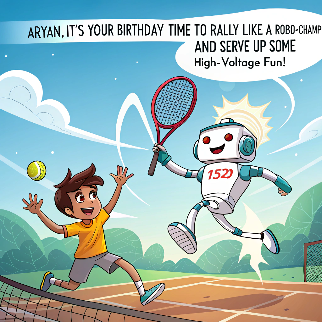 At the top of the image, "Aryan, it's your birthday – time to rally like a robo-champ and serve up some high-voltage fun!"

- The scene features a high-energy, vector-style cartoon tennis match.
- On one side of the court, a sleek robot in a bright, sporty T-shirt emblazoned with the “1520” logo is mid-air, striking a dynamic tennis pose with a glowing futuristic racket.
- On the opposite side, Iron Man is leaping to return the ball with his repulsor racket, emitting mini boosters from his palms and shoes.
- In the stands, a super enthusiastic audience cheers wildly.
- One spectator holds up a huge colorful banner that reads: "Go Aryan!!" in bubble letters with little cartoon bolts and sparks around it.
- A nearby cluster of cheering cartoon students, all wearing zany oversized sunglasses and holding popcorn buckets, wave their own sign that reads: "Go Travis!" with some scribbled doodles around it.
- Background elements include futuristic stadium lights, confetti raining down, and a giant digital scoreboard showing a comically close match score: “Aryan 1520 – Iron Man 1519”.
Generated with these themes: Robot wearing tshirt with "1520" logo playing Tennis with Iron man , Member of Audience is holding up a banner "Go Aryan!!", and A small group of students in the audience with banner "Go Travis!".
Made with ❤️ by AI.