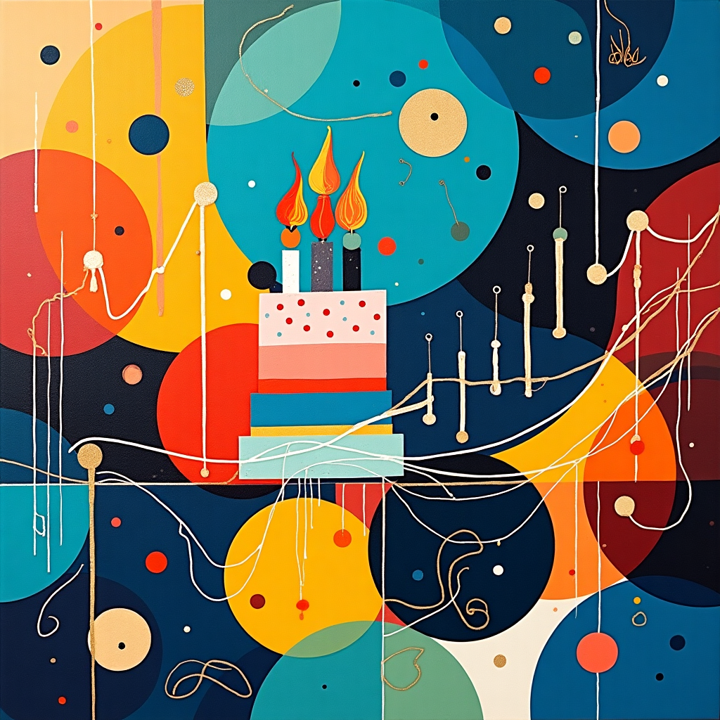 The greeting card cover is a vibrant abstract collage inspired by financial charts, bursting with whimsical geometric forms and vibrant colors.

### Background
- **Color:** The background is a gradient wash reminiscent of Rothko, blending deep indigo at the bottom to a bright cerulean at the top, suggesting a vast, imaginative sky.

### Foreground Elements
- **Financial Chart Circles:** Dominating the lower third of the card, several overlapping circles resemble stock market graphs but are filled with lively, contrasting colors like vibrant red, electric yellow, and lush teal. These circles vary in size and opacity, inspired by Kandinsky's abstract expressionism, and intersect in a playful, almost musical arrangement.
  
- **Shapes:** Scattered throughout are various geometric shapes and lines, a nod to Mondrian's precision. Vertical and horizontal black lines create a subtle grid, while triangular and rectangular forms in bold primary colors (red, blue, yellow) intersect and layer over each other.

- **Twombly-esque Scribbles:** Spiraling, freehand scribbles in white and black dash across the scene, adding a frenetic, joyous energy to the card.

### Central Element
- **Birthday Cake:** A minimalistic, abstract cake is placed slightly off-center. It's formed by layered rectangles and triangles in pastel pink and mint green, topped with swirling, fiery orange candle shapes that mimic Miró’s playful loops and curves. 

- **Text "Alex":** The name "Alex" is whimsically integrated into the scene, appearing as if part of the cake's decorations. The letters are cleverly disguised in a series of colorful, swirling loops and zigzags above the cake, resembling a de Kooning flourish.

### Additional Elements
- **Floating Orbs:** Across the upper half, several small, multicolored orbs float like balloons, their movement and arrangement echoing a Pollock drip style, giving an impression of buoyancy and festivity.

- **Gold Accents:** Thin gold lines weave throughout the composition, adding a luxurious, shimmering touch and creating a sense of interconnectedness between the disparate elements.

This scene captures an explosion of color and form, celebrating Alex’s birthday with an abstract flair that’s both sophisticated and exuberantly chaotic.
Generated with these themes: Financial charts circles .
Made with ❤️ by AI.