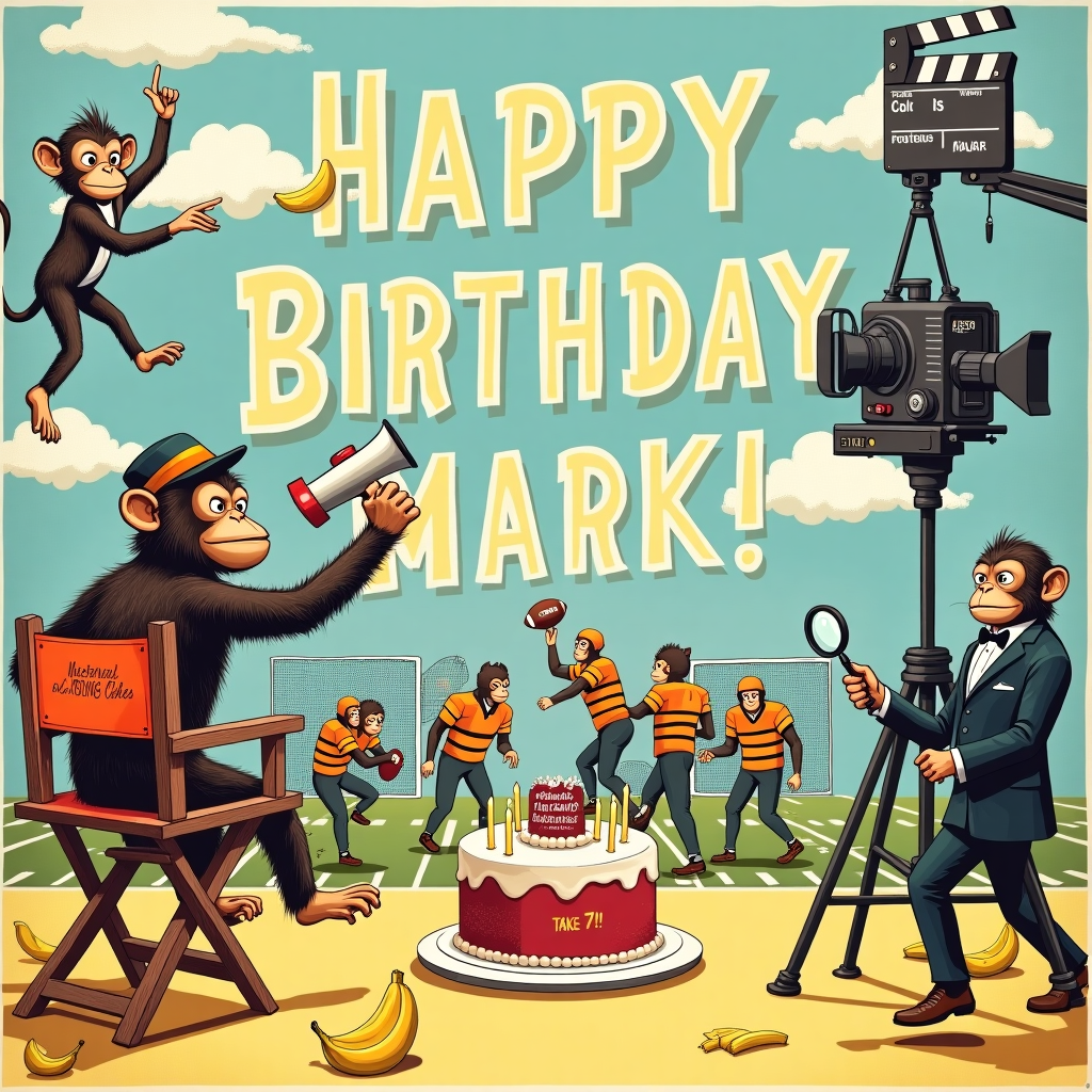 The front cover of this quirky birthday card depicts a bustling film set where chaos and humor ensue. In the foreground, we see a monkey wearing a director's cap and holding a megaphone, standing on a director's chair that has "Top Banana Productions" stenciled on the back. The monkey is pointing enthusiastically at a group of American football players clad in mismatched uniforms, attempting to rehearse a dramatic touchdown scene. They're all mid-action, with one player hilariously tangled in the goalpost net while another is trying to catch a football that has been replaced by a large banana. 

Behind the players, a line of dapper cats in Hercule Poirot-inspired attire, complete with tiny bow ties and meticulously curled mustaches, are attempting to solve the "Mystery of the Missing Cake." One cat, holding a magnifying glass, is closely examining a trail of crumbs leading offstage.

On the other side of the scene, there's a birthday cake, comically oversized, being wheeled in by a pair of tuxedoed cats. The cake is decorated with football-shaped candles and a giant topper that spells out "Happy Birthday, Mark!" in big, bold letters. 

In the sky above, shaped fluffy clouds cleverly spell out "CUT" in large letters, adding to the film set theme. Nearby, a classic clapperboard labeled "Birthday Scene Take 7" floats in the air as a mischievous monkey dangles from a crane, trying to reach for the cake with one paw.

In the background, a film camera on wheels, operated by another monkey with a stylish beret, is capturing the entire hilarious scene. The whole setup is surrounded by film reels and scattered banana peels, emphasizing the lighthearted nature of this quirky film-meets-birthday celebration.
Generated with these themes: Film directing, American football, Monkeys, Cats, and Hercule Poirot.
Made with ❤️ by AI.