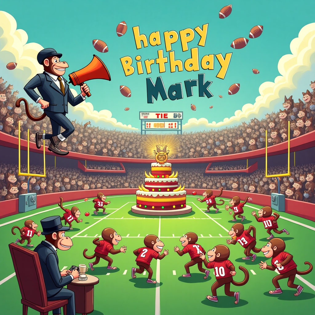 In a bustling, cartoon-style scene set on a vibrant football field, we have a whimsical birthday extravaganza where all the worlds collide. At the center, a charismatic film director monkey, complete with a beret and a megaphone, stands atop a director's chair on the sidelines. He gestures wildly, orchestrating the chaos like it's the latest blockbuster. In the foreground, an enthusiastic team of monkeys, decked out in oversized American football gear, scrambles to execute a play. Their helmets are askew, and one monkey carries a football with banana-shaped laces, evoking smiles from the viewer. 

On the opposite end of the field, a sleek team of cats, each wearing a custom jersey with clever pun names, is in defensive formation. Their tails swish with determination, and one feline, perched elegantly atop a goalpost, surveys the field with binoculars. Both teams seem to be competing for the grand prize: a towering birthday cake shaped like a film reel, adorned with sparklers and a large icing "Mark" written prominently on top.

Above the field, the sky is a tapestry of animated, fluffy clouds that subtly form the words "Happy Birthday Mark!" Each letter is made from what appears to be a conglomeration of footballs, film clapperboards, bananas, and tiny detective hats.

Off to the side, Hercule Poirot, the famous detective with his iconic mustache, stands near the water cooler, sipping tea from a porcelain cup and observing the spectacle with a monocle. His trusty cane rests nearby, and he seems amused, perhaps unraveling a mystery only he can see.

The background showcases cheering crowds of mixed species—cats, monkeys, and humans alike—all waving tiny flags featuring both film and football motifs. The scoreboard is comically displaying an indecipherable tie score, adding to the humorous chaos of the scene. 

Every inch of the illustration bursts with lively details, paying homage to the classic cartoonist inspirations and cleverly weaving Mark's birthday celebration into a dynamic, storytelling tapestry.
Generated with these themes: Film directing, American football, Monkeys, Cats, and Hercule Poirot.
Made with ❤️ by AI.