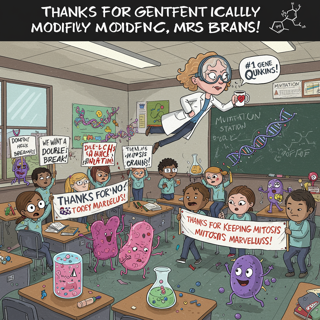 At the top of the illustration image:  
**"Thanks for genetically modifying our brains, Mrs Jenkins!"**

**Prompt for illustration image:**  
A quirky cartoon-style classroom scene where DNA strands are holding tiny protest signs like “We want a double helix break!” and “Gene-ed a vacation!” Meanwhile, a cool, science-savvy caricature of Mrs Jenkins in a superhero lab coat flies above with a giant magnifying glass and a coffee cup that says “#1 Gene Queen.” In the foreground, some anthropomorphised cells are holding a banner saying “Thanks for keeping mitosis marvellous!” while giggling mitochondria do a little conga line in the corner. Bright colours, exaggerated expressions, lots of tiny biology and genetics Easter eggs sprinkled throughout – like a petri dish piñata, or a blackboard that reads “Mutation Station.” The overall mood is wacky, chaotic and heartwarmingly appreciative.
Generated with these themes: A-Level Biology, Genetics, DNA, and .
Made with ❤️ by AI.