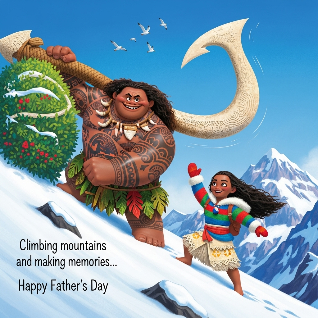 **Image Prompt:**

Picture a vibrant and whimsical illustration of Maui and Moana, the beloved characters from Disney's "Moana," embarking on a playful adventure up Mount Snowdon. Maui, with his larger-than-life personality and animated facial expressions, is humorously trying to navigate a steep, snowy incline, his magical fishhook hilariously tangled in a nearby bush. Moana, ever the intrepid explorer, is enthusiastically leading the way with a cheeky grin, bundled in a colorful winter coat and mittens. The background is a riot of bright colors, with vivid blues of the sky, lush greens of the mountain, and crisp whites of the snow. A small flock of seagulls circles playfully above, adding to the sense of fun. 

**Text Caption:**

"Climbing mountains and making memories... Happy Father’s Day!"
Generated with these themes: .
Made with ❤️ by AI.