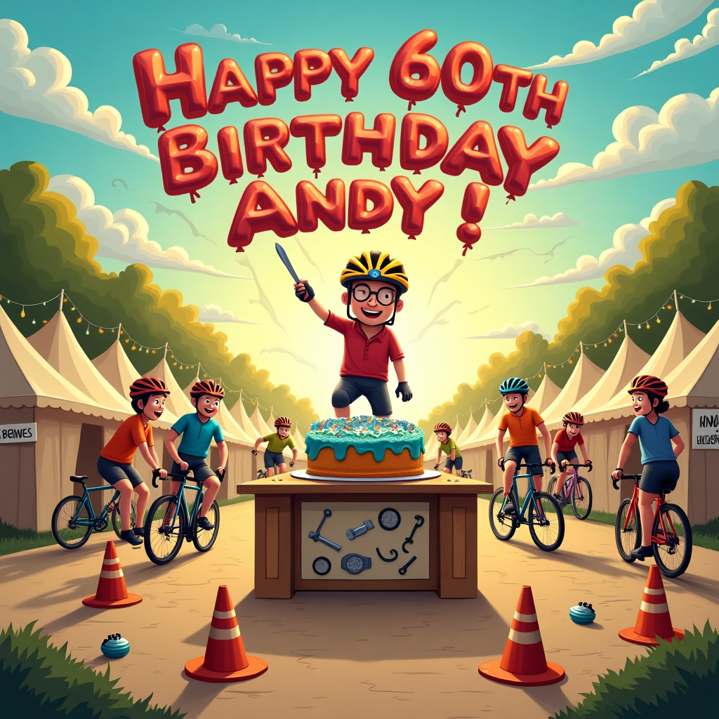 In this whimsical and bustling birthday card scene, we find Andy at the heart of an adventurous 60th birthday celebration. The setting is an imaginative outdoor boot camp turned birthday bash. At the center, a vibrant and oversized cake shaped like a cycling helmet sits atop a makeshift table made from a carpenter's workbench, complete with scattered handyman gadgets like wrenches, screwdrivers, and measuring tapes, cleverly incorporated as edible decorations on the cake. 

Nearby, a group of lively cyclists in colorful jerseys are seen whizzing around the camp, weaving between inflatable cones labeled with big "60" markers. Among them, Andy is distinguishable as he stands atop a comically large, stationary bicycle that doubles as a makeshift DJ booth, complete with flashing lights from the headtorch strapped to his helmet, casting a fun, disco-like ambiance across the scene. 

In the sky above, fluffy clouds have formed into the playful shape of a banner, spelled out with vibrant balloon-like letters reading "Happy 60th Birthday Andy!" The setting sun adds a golden hue, highlighting the playful scene. To the left, a line of tents decorated with tiny, twinkling string lights forms the backdrop, each featuring humorous signs like "Boot Camp Buddies" and "Handyman Heroes," further tying into the themes. 

The scene is rich with details like a multitool keychain being used as a cake knife by an enthusiastic guest, while another balances a platter of cupcakes shaped like mini bicycle wheels. The atmosphere is alive with laughter and motion, a true tribute to Andy’s milestone year.
Generated with these themes: 60th Birthday, Boot camp, Cyclist, Handyman gadgets, and HEADTORCH.
Made with ❤️ by AI.
