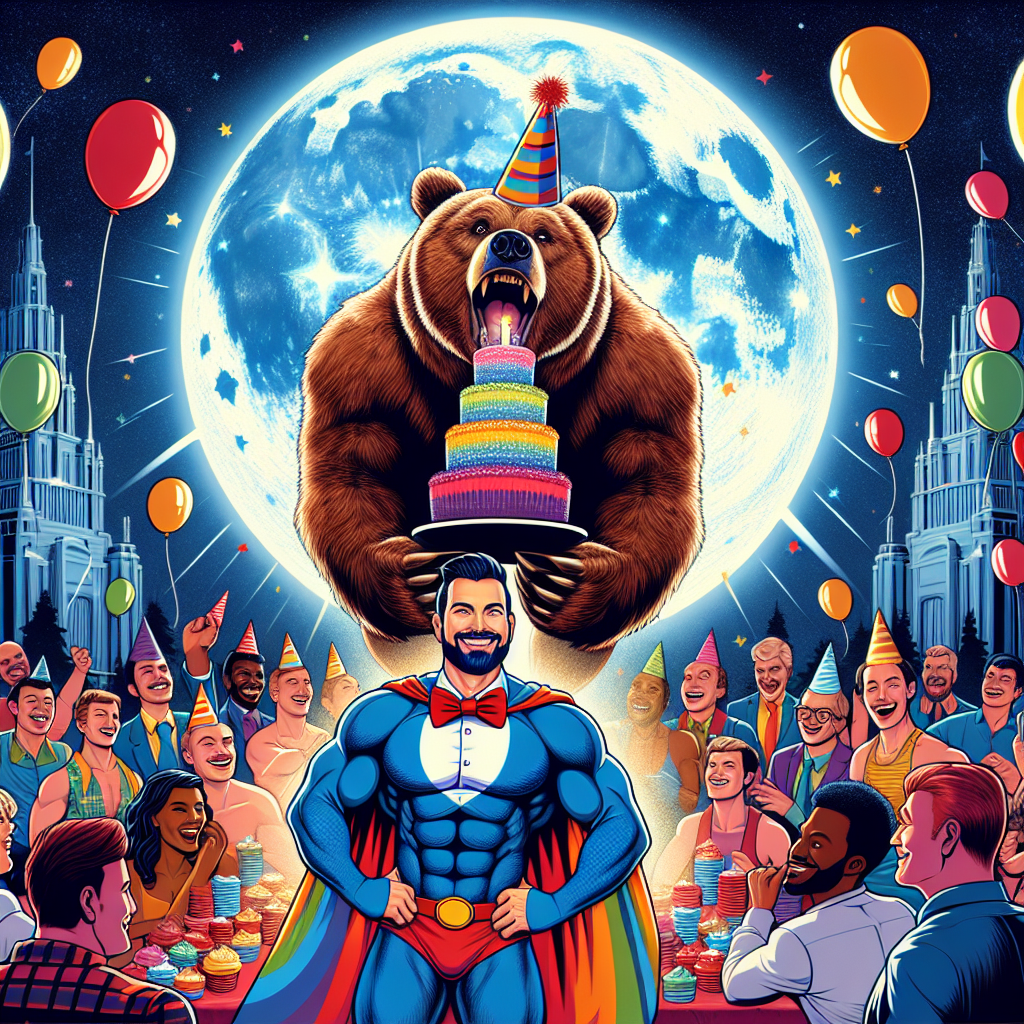 A vibrant illustration showing a muscular man dressed in blue and red with a cape and a party hat, hovering above a lively birthday event at night. The backdrop displays a gigantic, luminous full moon casting a gentle light that seeps into the scene. Beneath the hovering man, a grinning grizzly bear, adorned in a multi-colored bow tie, skillfully balances a tower of birthday cupcakes on its snout, leading to an explosion of laughter from the diverse crowd made up of Caucasian, Hispanic, Black, Middle-Eastern, and South Asian individuals.
Generated with these themes: Superman, Grizzly bear, and Full moon.
Made with ❤️ by AI.