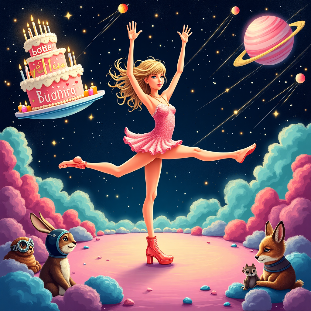 Imagine a vibrant, fantastical birthday scene set on a distant, colorful planet orbiting a sparkling galaxy. The foreground features a whimsical stage constructed of sparkling, candy-colored rocks, adorned with twinkling, pastel-hued lights reminiscent of a rock concert.

Standing center stage, an exuberant, hand-drawn Taylor Swift, dressed in a dazzling, star-spangled leotard and gravity-defying space boots, performs a dynamic gymnastics routine. Her long, wavy hair seems to defy gravity as it swirls around her in zero-G fashion, accentuating her every graceful move. Her leotard is adorned with tiny sequined stars, which shimmer with every twist and leap.

Behind her, the celestial backdrop is a grand tapestry of deep purples, blues, and blacks speckled with glistening silver and gold stars, each one uniquely twinkling like a collection of radiant diamonds. Saturn-like rings encircle a giant pink and green planet in the distance, while meteor showers paint the sky with trails of vibrant neon colors.

Perched to one side, an extravagant, towering birthday cake, iced in a swirling mix of galaxy colors – blues, purples, and silver – sports an array of candles lit with flickering, shimmering lights. In bold, playful letters crafted from the icing itself, the name "Lottie" is displayed prominently across the top tier of the cake.

In the scene's whimsical foreground, a collection of quirky, anthropomorphic animals – perhaps a rabbit in a space helmet, a wise old owl sporting aviator goggles, and a sprightly fox wearing a cape – watch the performance in awe, seated on plush, floating cushions.

On the left side of the stage, a floating, hand-painted banner, tethered to two dancing comets, unfurls in the zero-G environment. The banner is bordered by a delicate filigree of celestial patterns, reminiscent of Aubrey Beardsley's style, proclaiming in bold, gold-lettering: "Happy Birthday, Lottie!" 

The overall illustration is imbued with intricate linework and playful, expressive details, bringing together elements of Norman Rockwell's narrative storytelling and Quentin Blake's lively character expressions.
Generated with these themes: Taylor swift space gymnastic.
Made with ❤️ by AI.