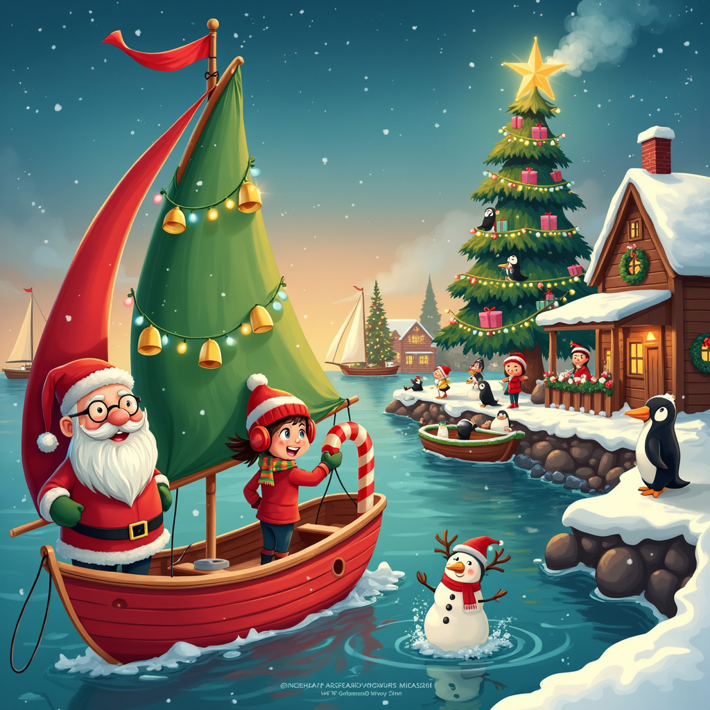 Picture a bustling, whimsical winter wonderland with a twist: instead of your traditional snow-covered village, imagine a charming, snow-dusted harbor filled with festively decorated sailboats. In the foreground, there's a large, cartoonish sailboat named "Jingle Buoy," complete with a bright red hull and green sails adorned with golden jingle bells and twinkling Christmas lights. 

A group of cheerful characters—dressed in colorful, cozy winter attire—are gathered around the sailboat. One character, a jolly old man with a white beard and round glasses (a nod to Santa Claus), is standing at the helm, grinning as he steers the boat. His wooly red hat flops comically to one side. Next to him, a young girl with pigtails and earmuffs is attempting to hang a giant candy cane from the mast, her tongue sticking out in concentration.

On the dock, a mischievous boy with a striped scarf and oversized mittens is playfully pushing a snowman into the water, where it splashes with a comical 'kerplunk!' In the background, a few other sailboats are visible, each uniquely decorated: one with reindeer antlers and a red nose, another with a Frosty the Snowman figure at the bow. 

The sky above is a gradient of twilight blues and purples, dotted with falling snowflakes that sparkle like stars. To the right, a small lighthouse festooned with garlands and a big glowing star on top emits a warm, inviting light. Penguins in tiny Santa hats and scarves are sliding down the lighthouse’s snowy roof, adding a touch of playful absurdity to the scene.

Further back, a large Christmas tree made entirely of stacked, wrapped presents stands proudly on another dock, with families of all shapes and sizes gathered around it, singing carols and sipping hot cocoa. Nearby, a row of wooden cabins, each with smoke curling out of chimneys and adorned with festive wreaths, complete this vibrant, joyous scene.

This isn't just any Christmas harbor; it's a lively, colorful celebration on water, filled with laughter, creativity, and the unique charm of a holiday season spent by the sea.
Generated with these themes: sailboat, people, fun.
Made with ❤️ by AI.