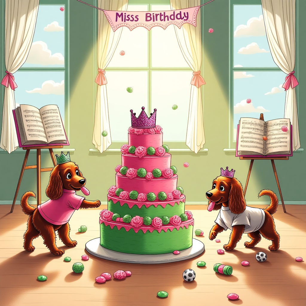 The front cover of the greeting card is a bustling, detailed scene that marries whimsy with dynamic elements from popular culture, all in a charming hand-drawn style reminiscent of a blend of Quentin Blake’s fluid line work and Maurice Sendak’s rich detail.

**Foreground:**

In the foreground, we see two lively Cocker Spaniels. One is playfully holding a pink, sequined SIX The Musical crown in its mouth. The other wears a miniature Taylor Swift "1989" album t-shirt. Both dogs have soft, flowing coats, illustrated with intricate lines to convey texture. They stand on a polished wood floor, typical of a dance studio, with scattered Sour Patch Kids Watermelon candies around their paws. Each candy is depicted in bright greens and pinks, their sugar-coated surfaces detailed with tiny dots and lines to mimic a sugary texture.

**Centerpiece:**

At the heart of the scene, a large birthday cake towers, decorated with vivid pink and green layers to echo the Sour Patch Kids. The cake’s frosting is lavishly illustrated with swirls and twirls, topped with tiny crowns reminiscent of SIX The Musical. Dancing around the cake are tiny, illustrated figures dressed in vibrant, period-inspired costumes from the musical, their movements frozen in joyful, theatrical poses.

**Background:**

The backdrop is an elegant dance studio, featuring tall windows through which a bright, soft yellow light streams, casting delicate shadows on the floor. These windows are adorned with flowing white curtains, drawn aside to reveal glimpses of a serene, pastel-blue sky. Hanging from the ceiling is a large banner with bold, playful lettering that reads "Miss Katie" in vibrant purple, reminiscent of a theatre marquee, suggesting a personal celebration dedicated to her.

**Additional Elements:**

To the side, a small easel stands with an open music book, showing sheet music from Taylor Swift’s "Shake It Off," sketched in fine detail. On the floor, there is a colorful assortment of dance shoes—ballet slippers, jazz shoes, and tap shoes—drawn with attention to different textures, from the satin sheen of ballet shoes to the leather detail of tap shoes.

This greeting card captures the vivacious energy and intricate whimsy of a birthday celebration, weaving together contemporary cultural references with the timeless charm of classic illustration styles.
Generated with these themes: SIX The Musical, Taylor Swift, 2 Cockaspaniels, Dance Studio, and Sour Patch Kids Watermelon.
Made with ❤️ by AI.