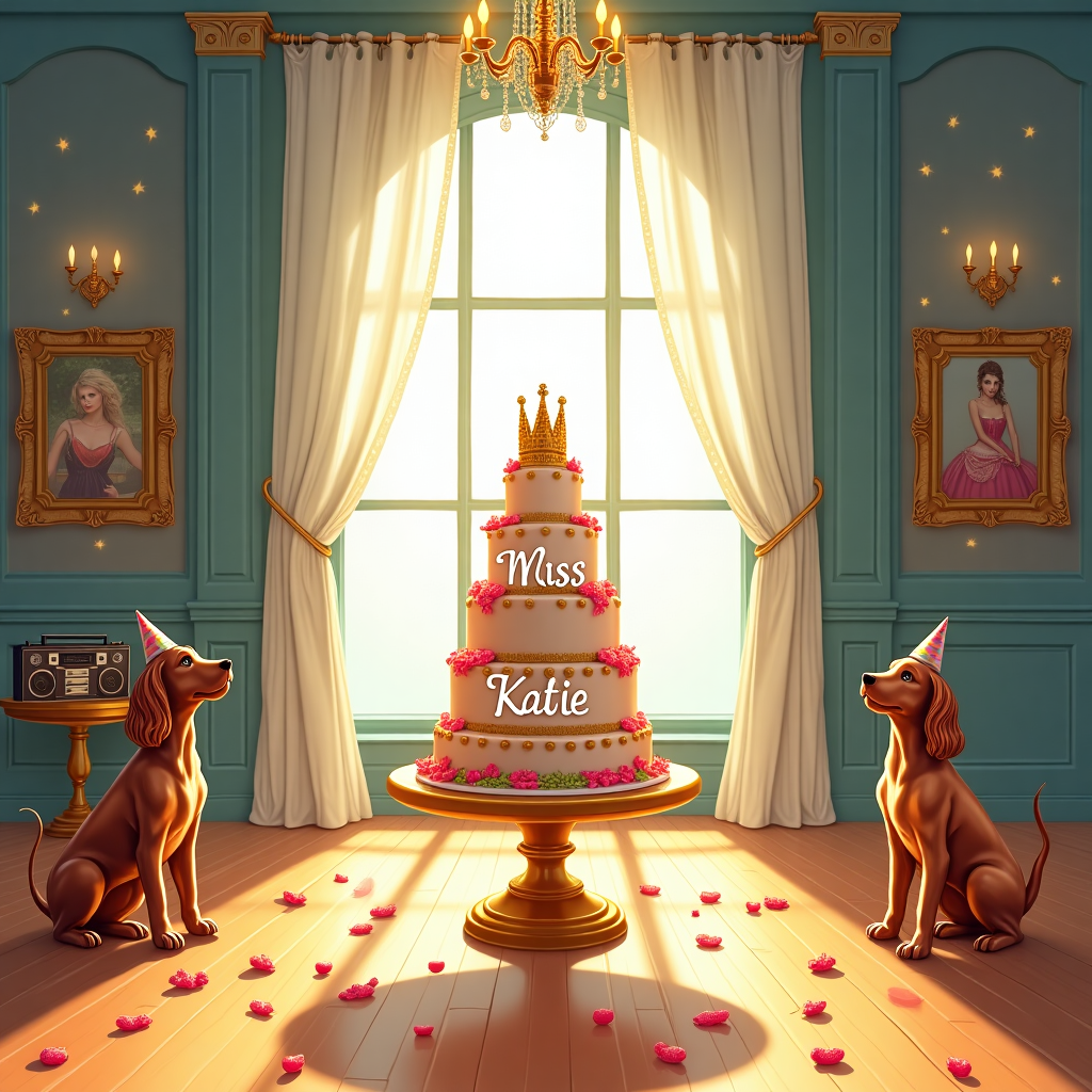 **Front Cover Illustration:**

In the foreground, center stage, is a brightly lit dance studio with a gleaming wooden floor and large, panoramic windows stretching across the back wall, allowing sunlight to stream through. The windows are draped with billowing, sheer white curtains that gently sway, framing the lively scene.

**Centerpiece:**  
An elegant birthday cake, tiered like the Tower of London, sits proudly atop a gilded pedestal. Each tier is adorned with intricate detailing reminiscent of Tudor architecture, inspired by SIX The Musical. Crown-like accents with shimmering edible gold leaf highlight the cake’s layers. The cake is crowned with a delicate sugar sculpture of a scepter and microphone, paying homage to Taylor Swift. Atop the cake, "Miss Katie" is beautifully scripted in swirling, golden frosting.

**To the Right:**  
Two adorable cocker spaniels with wavy, silky fur in hues of chocolate and caramel are playfully poised, wearing miniature party hats. Their tails wag in sync with the rhythm of a distant melody, and they are surrounded by scattered Sour Patch Kids Watermelon candies, whose vibrant pink and green colors pop against the polished wooden floor. The candies are whimsically arranged to spell "Miss Katie."

**To the Left:**  
A portrait of Taylor Swift, stylized in the classic, detailed line work reminiscent of Aubrey Beardsley, hangs on the studio wall. Her attire is a blend of historical elegance and modern pop star glamour, echoing the Renaissance-meets-modern theme of SIX The Musical.

**Background Elements:**  
To add a touch of Maxfield Parrish’s vibrant color palette, the walls of the studio are painted in dreamy shades of twilight blues and purples, with intricate murals depicting lively dance figures akin to those in Arthur Rackham’s illustrations, swirling and pirouetting in an eternal ballet. The ceiling boasts an ornate chandelier, dripping with crystals that catch the sunlight, casting scattered rainbows across the room.

**Additional Details:**  
A small boombox in the corner, vintage yet charming, echoes Quentin Blake’s lively sketches, adding a dash of whimsy. Next to it, a pile of colorful Sour Patch Kids Watermelon candy wrappers sits haphazardly, their bright colors complementing the lively energy of the room.

Overall, the scene is a jubilant amalgamation of historical elegance, modern pop culture, and playful whimsy, all tied together with the personal touch of "Miss Katie," making it a truly unique and expressive birthday greeting card cover.
Generated with these themes: SIX The Musical, Taylor Swift, 2 Cockaspaniels, Dance Studio, and Sour Patch Kids Watermelon.
Made with ❤️ by AI.