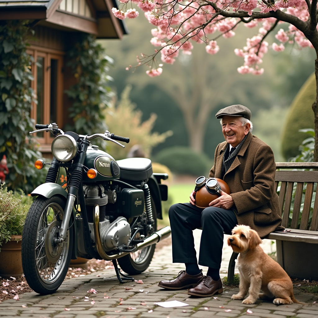 In the center of the scene, an old Norton Motorcycle is parked on a cobblestone path next to a quaint, slightly overgrown English garden. The bike's chrome details gleam subtly, showing signs of age but still retaining its classic charm. The garden is filled with blooming flowers, ivy climbing up a wooden trellis, and a whimsical gnome standing watch. Nearby, an elderly man in a tweed jacket and flat cap is sitting on a rustic wooden bench. He's holding a well-worn leather helmet with goggles resting on top, a nostalgic smile on his face as he looks at the bike. At his feet, a small, scruffy dog with a curious expression sits, its head tilted slightly as if listening intently. Scattered on the ground are fallen petals from the cherry blossom tree that casts a soft shade over the entire scene. On the bench next to the man is a piece of paper with a simple, handwritten note: "Remembering the rides and the good times."
Generated with these themes: Norton Motorcycle .
Made with ❤️ by AI.
