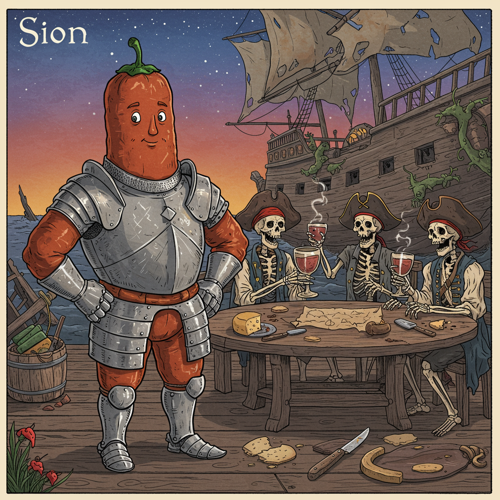 **Card Front Illustration:**

In the foreground, a robust, anthropomorphic chorizo, standing confidently, is adorned in medieval armor crafted from shiny metal sausages. His plump sausage limbs protrude from metal gauntlets and greaves, while a polished, helmet-shaped chili pepper sits atop his head. The armor glints in shades of silver and bronzed red, reflecting a hint of the warm, setting sun.

Beside this chorizo knight, a group of skeletons in pirate attire are gathered around a wooden table. Their bony fingers are elegantly curled around goblets, raised in a lively toast. Each skeleton sports a traditional pirate hat with the classic skull and crossbones, their empty eye sockets filled with mischief. The goblets are filled to the brim with a dark, mysterious liquid, with faint tendrils of steam rising. One skeleton leans over, pointing animatedly at a parchment map with an "X" drawn in the middle. Scattered on the table are remnants of a feast: broken bread, a small block of cheese, and, humorously, a half-eaten metal fork.

The background features a desolate pirate ship wreck, its splintered wood entangled with creeping vines. Tattered sails flap gently in the breeze. Overhead, a darkening sky transitions from deep purples to midnight blues, peppered with twinkling stars.

Near the top of the card, the word "Sion" is whimsically etched into the clouds, resembling ancient runes, blending subtly yet distinctly with the celestial backdrop.

Incorporating inspiration from the likes of Edward Gorey and Aubrey Beardsley, the illustration combines fine, expressive linework with a monochromatic palette accented by bold reds and metallic sheens. The meticulous detail in the characters and setting echoes the narrative style of Rackham and Sendak, inviting viewers to explore the intricate scene.
Generated with these themes: Metal, Chorizo, Dead Men Talking, and Dark humor.
Made with ❤️ by AI.