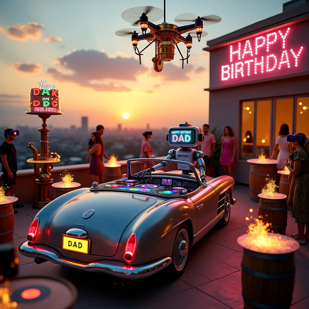 In this delightfully whimsical scene, we are transported to a vibrant rooftop party that balances on the line between reality and a playful dreamscape. The sun is setting, casting a warm golden hue over the urban skyline. At the center of this lively gathering is a DJ booth crafted ingeniously from the trunk of a sleek convertible car, with a gleaming silver finish and a license plate that reads "DAD." The DJ, a quirky robot with glowing headphones, is spinning vinyl records that seem to float just above the turntables, pulsating with multicolored neon lights that sync to the beat. Surrounding the car are several tables fashioned from old beer barrels, topped with frosty mugs overflowing with amber liquid, foam cascading down the sides.

In one corner of the rooftop, a life-sized electronic birthday cake made of LED screens lights up, flickering messages of "Happy Birthday Dad" in a rainbow of colors. The cake plays a looping animation of spinning records and musical notes dancing around it. Above, a banner made of luminous drone-lights hovers in the twilight sky, spelling out "HAPPY BIRTHDAY DAD" as it shifts colors like an electronic marquee.

Scattered around the rooftop are guests in eclectic outfits, dancing joyously to the music, some wearing VR goggles that display vibrant digital fireworks in the lenses, which mimic the celebratory atmosphere. Nearby, a beer fountain shaped like a saxophone pours craft brew into a massive mug at its base, etched with the words "Dad's Private Reserve." Throughout the scene, the merging of musical and electronic elements with car-themed decor creates an imaginative tapestry, bringing the viewer into a realm where celebration knows no bounds.
Generated with these themes: Beer, DJ, Music, Car, and Electronic.
Made with ❤️ by AI.