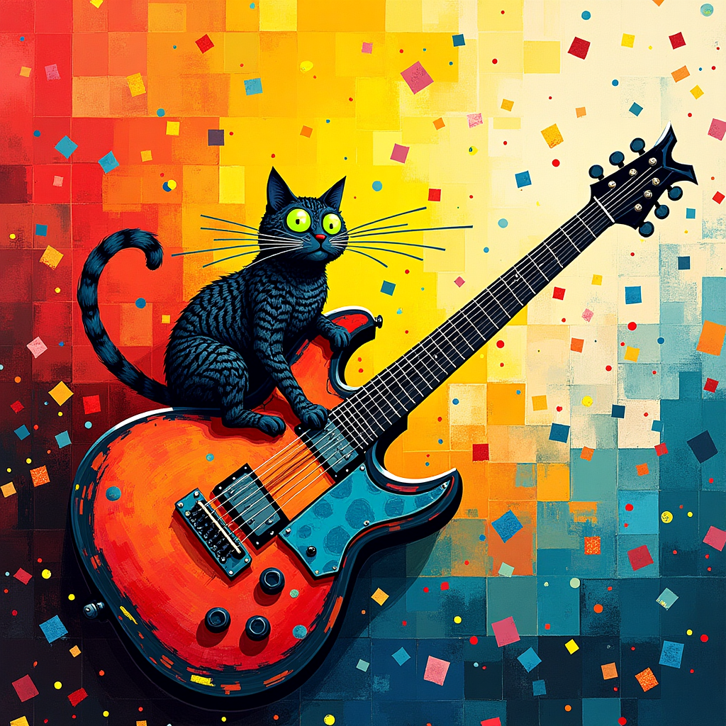 The front cover of the birthday greeting card bursts with an electrifying tapestry of colors and shapes, drawing inspiration from the geometric precision of Mondrian and the chaotic energy of Pollock. At the center, a gigantic abstract electric guitar—reminiscent of de Kooning's expressive brushwork—dominates the scene. Its body is a kaleidoscope of reds, blues, and yellows, arranged in sharp, fragmented lines, much like Kandinsky’s compositions. Strumming the vibrant strings, a cartoonish cat sits proudly on the guitar’s neck, its fur an intricate pattern of Rothko-esque color blocks. The cat's eyes shoot out playful neon-green laser beams, zigzagging across the scene, piercing through the abstract chaos like Miro’s whimsical lines. In the backdrop, distorted, sound-wave-like forms reminiscent of Richter’s blurred abstractions ripple across the card, symbolizing rock music pulsating through the air. These waves crash into a playful array of Martin-inspired minimalist grids that hover in the background, suggesting a rhythmic structure underpinning the visual cacophony. Sprinkled throughout are tiny, jewel-toned confetti splatters in the style of Twombly, representing celebratory energy, as they dance around the guitar and cat.
Generated with these themes: Please create an electronic birthday card for my friend.  He likes electronic guitar, rock music and a cat with laser eyes..
Made with ❤️ by AI.