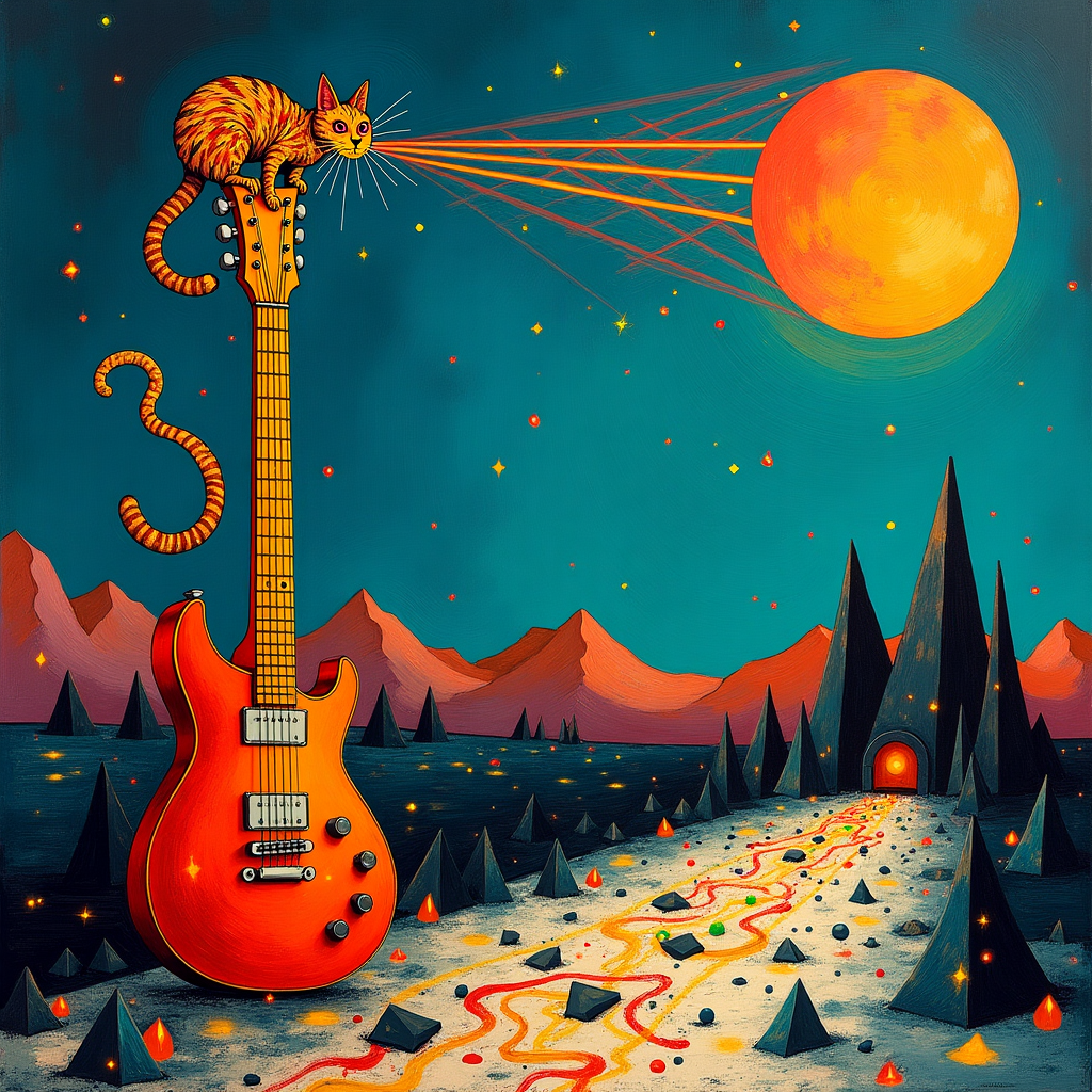 In this electrifying birthday card scene, an abstracted landscape takes center stage. Picture a rock music utopia where the essence of your friend's passions come to life in a quirky composition. At the heart of the scene is a colossal, cubist electric guitar towering over the landscape, with strings that twist and twirl like rivers of molten gold against a backdrop of a deep, Rothko-inspired gradient of midnight blues and purples, echoing the mystique of a rock concert night. Perched atop the guitar's headstock is a mischievous cat with kaleidoscopic fur, its eyes ablaze with vivid red and green laser beams, zapping rhythmic patterns into the air like a Mondrian-esque symphony of squares and lines. Below, a de Kooning-esque chaotic whirlwind of color and form gives rise to a rock stage, crafted from geometric shapes in black and white reminiscent of Malevich's suprematism. The stage is littered with Pollock-like splatters of neon paint that dance and pulse, reflecting the high energy of a rock performance. In the background, a series of minimalist, geometric mountains in shades of deep maroon and dark teal rise, evoking the stoic tranquility of Agnes Martin's grids, while a Twombly-esque scrawl of guitar riffs scribbles across the sky, capturing the spontaneous soul of rock 'n' roll.
Generated with these themes: Please create an electronic birthday card for my friend.  He likes electronic guitar, rock music and a cat with laser eyes..
Made with ❤️ by AI.