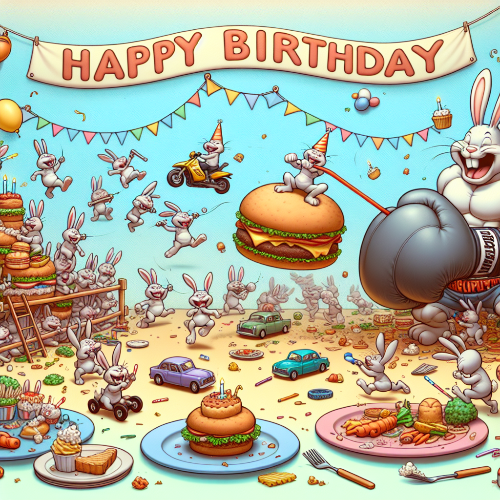Envision a whimsical cartoon scene laid against a pastel background. A cheerful 'Happy Birthday' banner is stretched across the top. There is a multitude of animated rabbits, wearing party hats and humorously trying to maneuver toy-like small cars and a comic-strip-style motorbike. Off to one side, there is an amusing rabbit kickboxer playfully training with a punchbag shaped like an enormous carrot, laughing with each punch. Scattered throughout the scene, plates brim with exaggerated renditions of food items, such as giant burgers dripping with sauce and towering cakes, contributing to the celebration and chaos.
Generated with these themes: Happy Birthday , Rabbits, BMW Cars, Motorbike, Food, and Kick Boxer.
Made with ❤️ by AI.