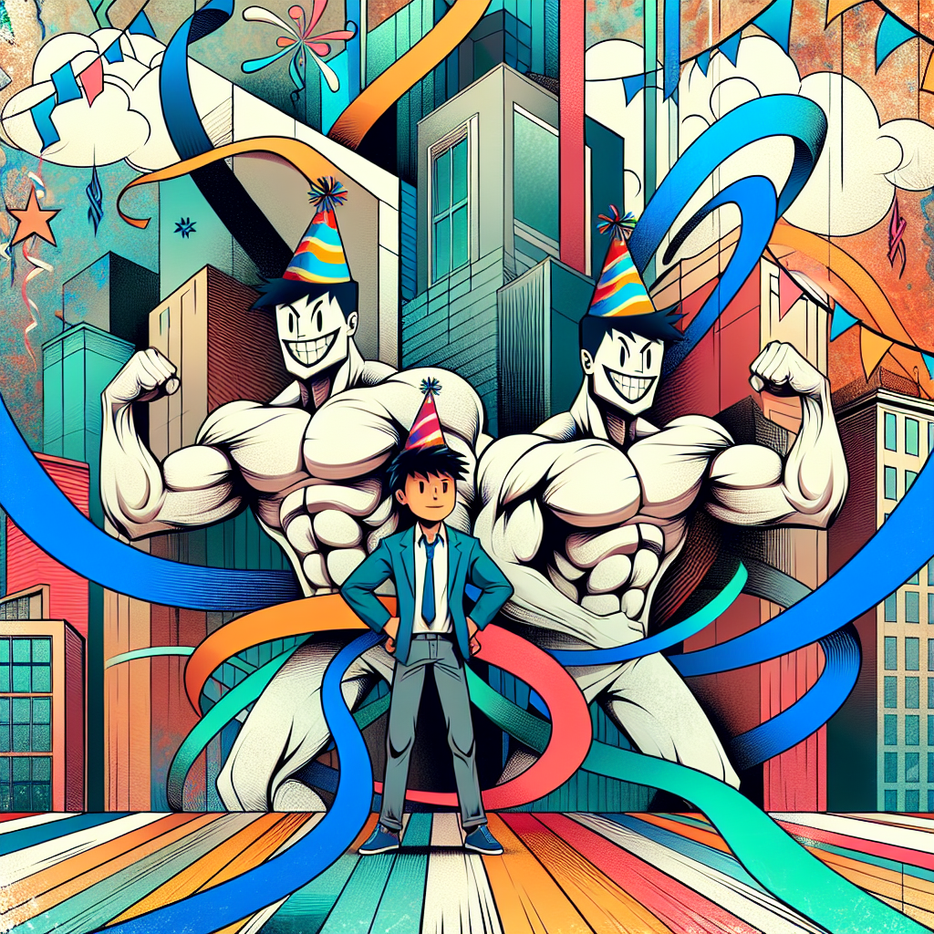 For a jovial birthday scene, let's create an abstract, eccentric blend of urban architecture and anime-like illustrations. At the middle, depict a birthday boy with a strong caricature style, wearing a comical party hat. Flank this character with two generic, muscular, comic book-type characters, also sporting party hats, who do not represent any copyrighted characters but have an anime feel. Add a lively figure entering the scene with bright streamers that twist and turn through a city landscape that blends real-world architecture with fun, dream-like elements. In the background, incorporate abstract shapes that convey a mild spooky atmosphere, teasing a playful sense of risk- it's a nod to a sibling's daring nature.
Generated with these themes: Brother, Josh, Goku, Saitama, Narauto, Cities, Danger, and Horror.
Made with ❤️ by AI.