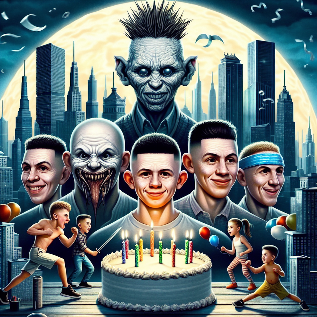 In this whimsically eerie birthday setting, a Caucasian male named Josh and his Hispanic brother are flanked by stylized figures of a spikey-haired warrior, a punch-obsessed bald hero, and a spirited, headband-wearing ninja, their faces elongated into exaggerated grins in the midst of a cityscape distorted like a funhouse mirror. The celebratory mood is tinged with an unexpected edge as abstract symbols of danger and horror peep from the corners, morphing urban vistas into a fantastical birthday nightmare. Skyscrapers bend and twist, mirroring the depicted heroes' strengths and struggles, whilst a soft, cake-shaped moon casts a surreal luminescence over the scene.
Generated with these themes: Brother, Josh, Goku, Saitama, Narauto, Cities, Danger, and Horror.
Made with ❤️ by AI.