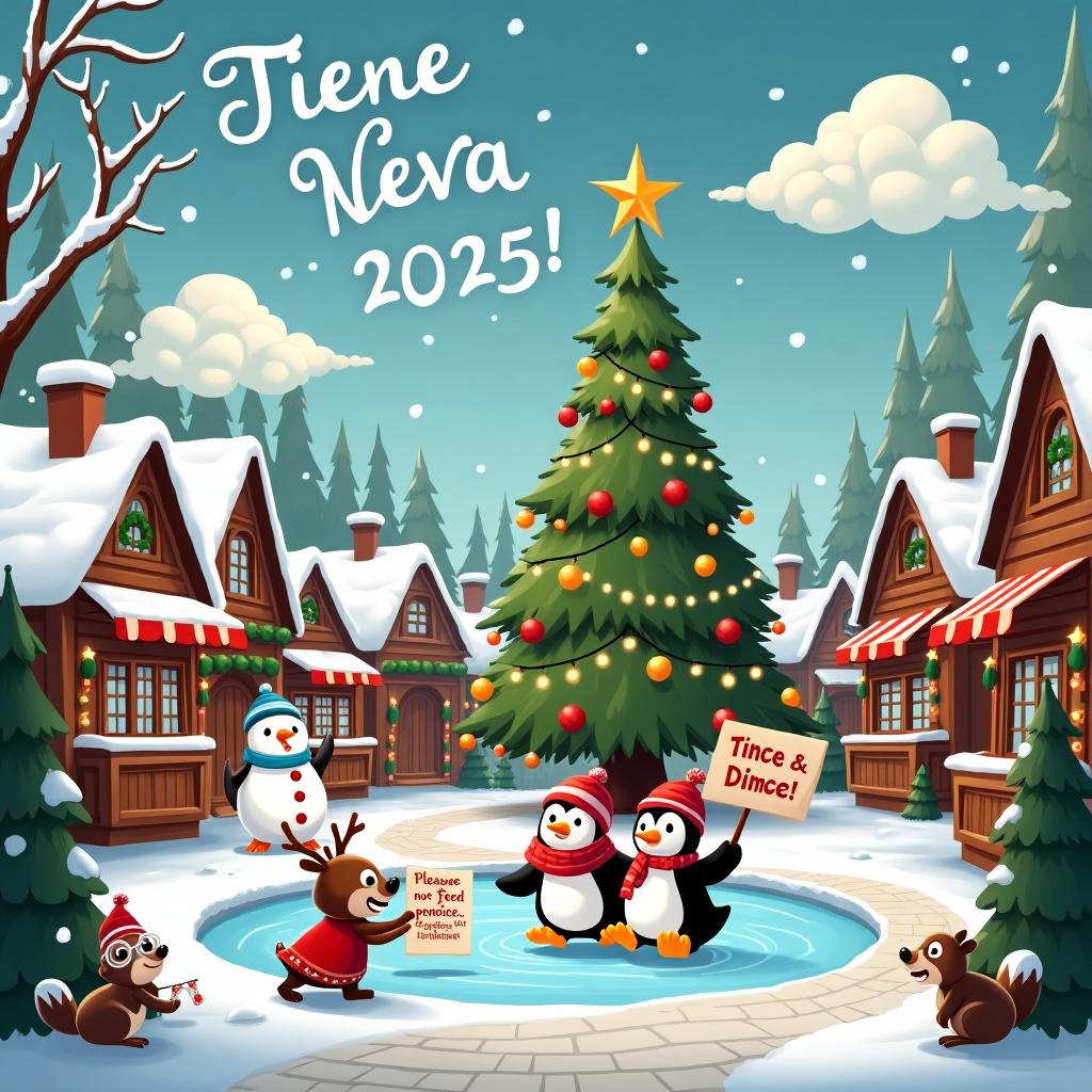 In the heart of a whimsical winter wonderland, a bustling Christmas market sets the stage for our animated scene. Snowflakes dance whimsically from the sky, twirling their way down to a cobblestone path lined with colorful wooden stalls. Each stall is decked out in festive decorations, from twinkling fairy lights to vibrant garlands of holly and mistletoe. In the center of the scene, a towering Christmas tree stands adorned with oversized baubles, candy canes, and a star so grand it seems to brush the snow-laden clouds above. Peeking out from behind the tree, a pair of mischievous elves, clad in striped stockings and floppy red hats, are caught in the act of stringing up a banner that reads "Среќна нова 2025!" in bold, cheerful letters.

Amidst this lively tableau, a duo of penguins, Tince and Dimce, skate with wild abandon on a frozen pond. They're bundled in mismatched scarves and earmuffs, leaving a trail of playful loops and zigzags etched into the ice. Nearby, a snowman with a carrot nose and coal-button eyes holds a sign that humorously says "Please do not feed the penguins (or the elves!)". In the sky above, fluffy clouds have come together to form the names "Tince and Dimce", whimsically interwoven with twinkling stars that twinkle with a friendly glimmer.

On the side, a reindeer with an oversized pair of glasses is inspecting a list titled "Nice & Naughty", comically squinting at the fine print. Nearby, a merry band of squirrels in tiny Santa hats attempts to decorate a smaller tree with acorns and shiny bits they've gathered, creating a scene within a scene of bustling holiday cheer. In the background, quaint chalet-style houses dusted with snow provide a cozy backdrop, their chimneys puffing plumes of smoke into the wintry air, rounding off this delightful holiday spectacle.
Generated with these themes: Среќна нова 2025.
Made with ❤️ by AI.