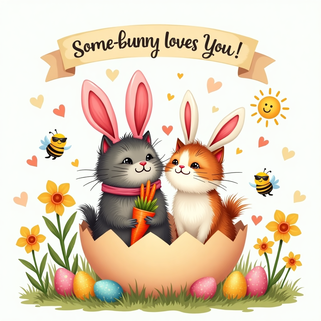 **Prompt:**

At the top of the illustration image, "Hoppy Easter, Mark – You're Purr-fectly Egg-stra Special!"  

A charming and funny Easter-themed illustration showing two adorable cats in love, styled in a whimsical, hand-drawn cartoon aesthetic. The male cat is a scruffy grey tabby wearing oversized pink bunny ears, holding a bouquet of carrots wrapped in a ribbon. The female cat is a fluffy calico with sparkly white bunny ears, blushing and giving him a big nose-boop. They're both sitting inside a giant decorated Easter egg that's cracked open like a love nest. Around them are colourful Easter eggs, chick-shaped chocolates, and heart-shaped pastel confetti. A banner above their heads reads "Some-bunny Loves You!" while little cartoon bees and butterflies flutter heart trails through the spring air. The background features blooming daffodils, tulips, and a cheerful sun with sunglasses smiling down on the feline lovebirds. The overall mood is playful, sweet, and packed with Easter puns and feline affection.
Generated with these themes: Two cats in love wearing bunny ears for Easter. One cat is male, the other one is female. Show that these cats are really in love and romantic .
Made with ❤️ by AI.